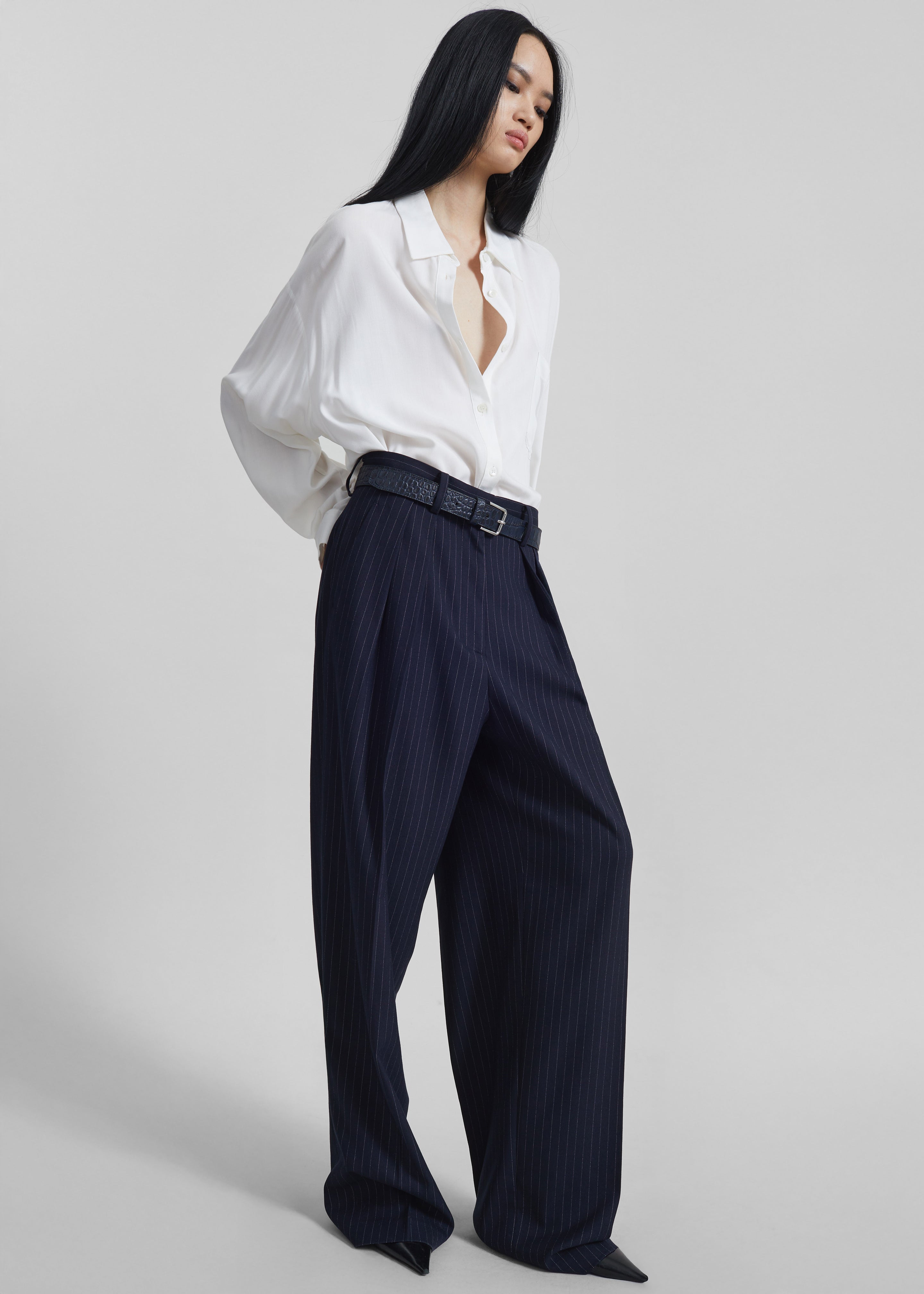 Tansy Pleated Trousers - Navy Pinstripe - 8