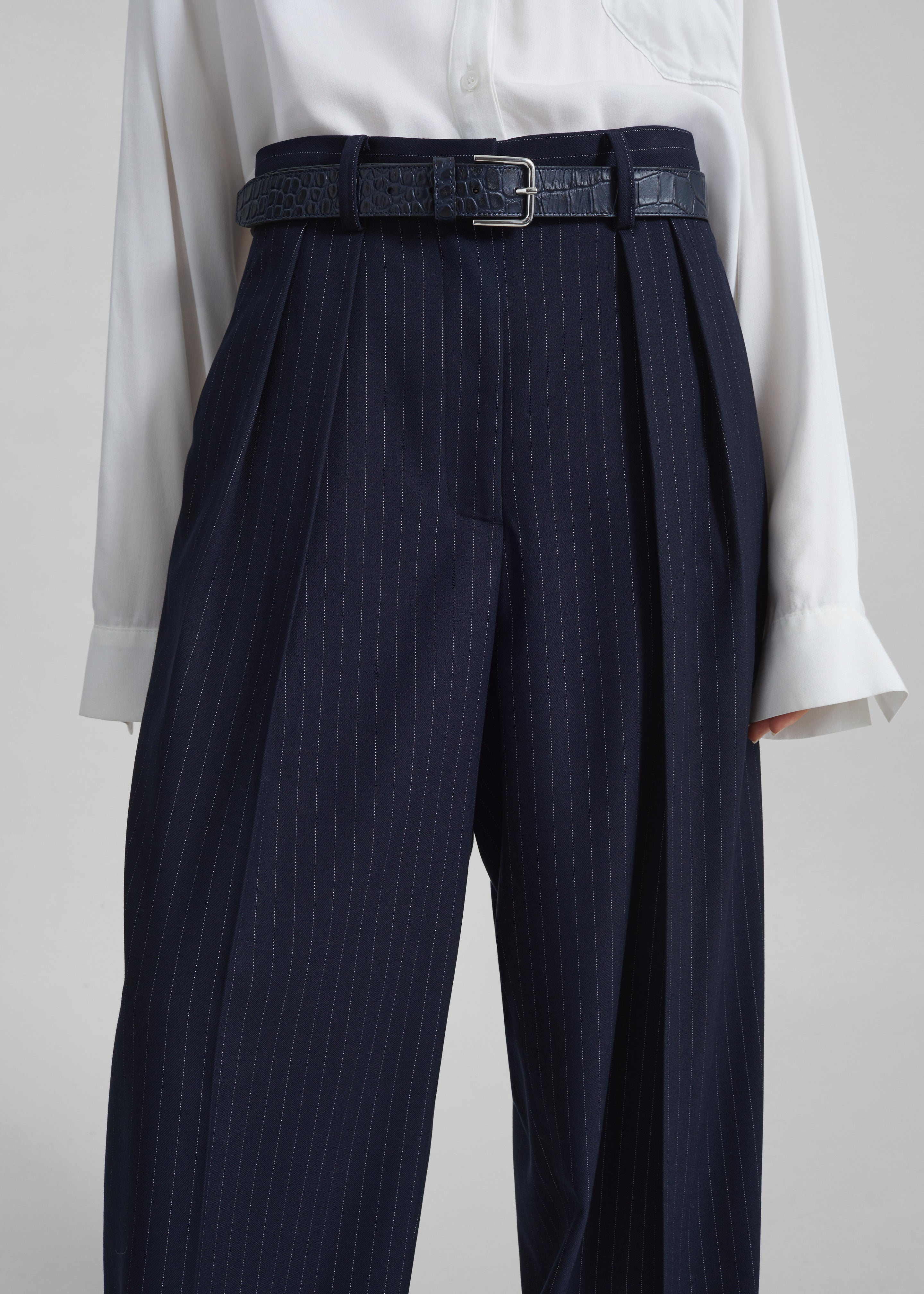 Tansy Pleated Trousers - Navy Pinstripe - 9