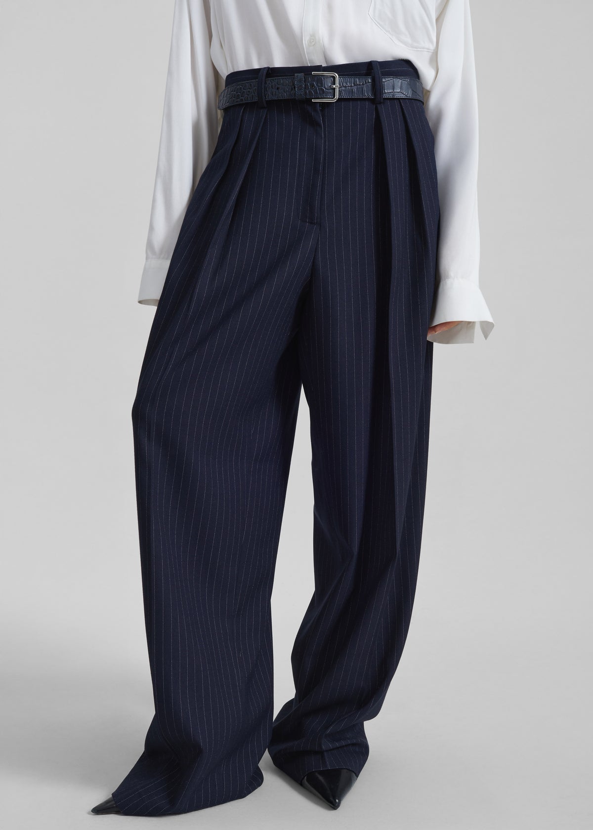 Tansy Pleated Trousers - Navy Pinstripe - 10