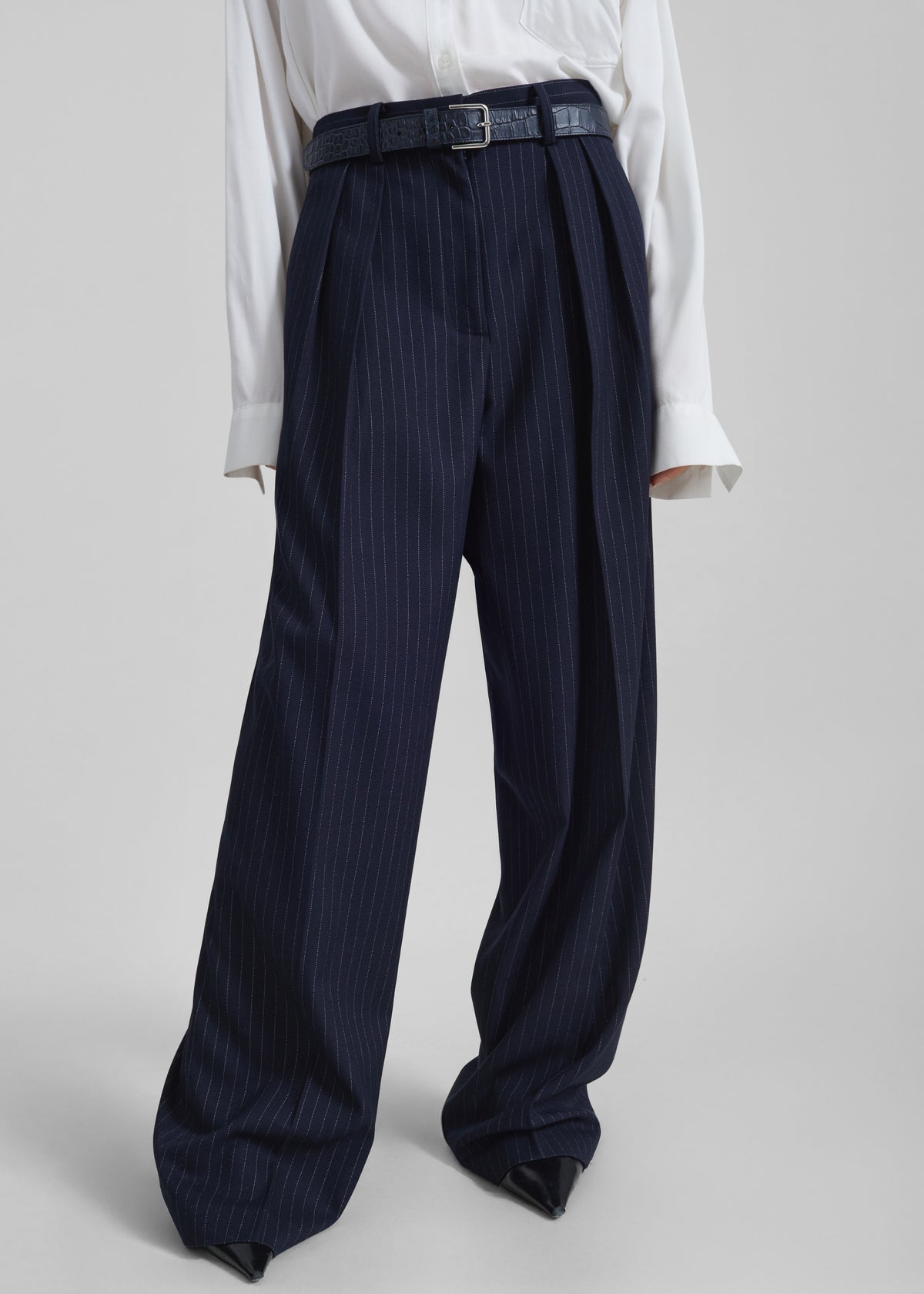 Tansy Pleated Trousers - Navy Pinstripe - 11