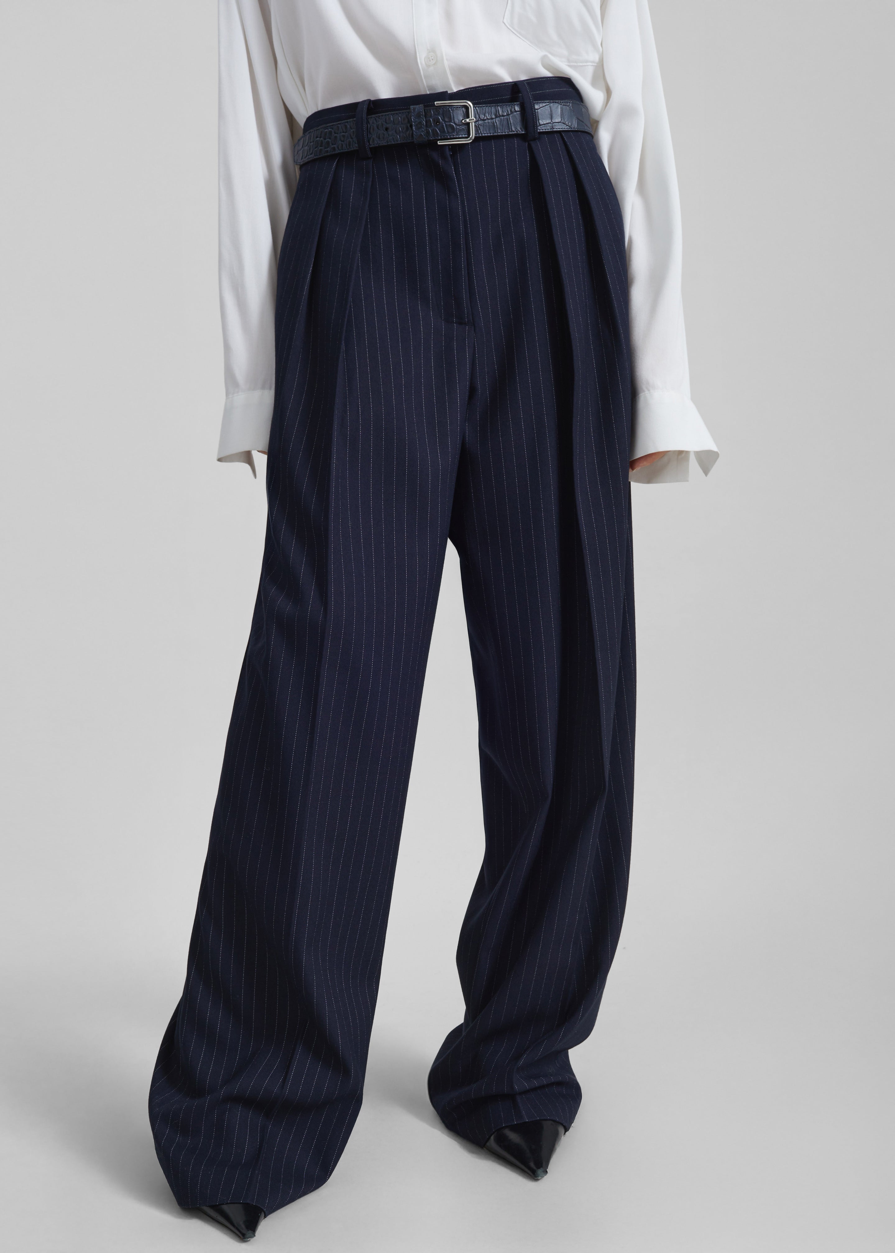 Tansy Pleated Trousers - Navy Pinstripe - 11