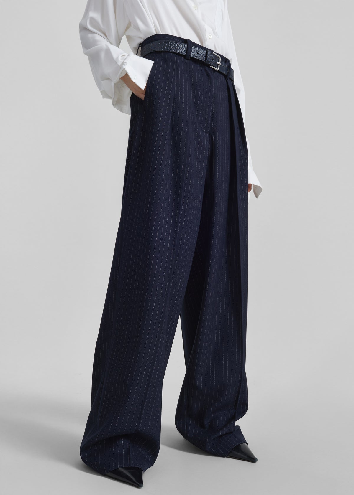 Tansy Pleated Trousers - Navy Pinstripe - 12