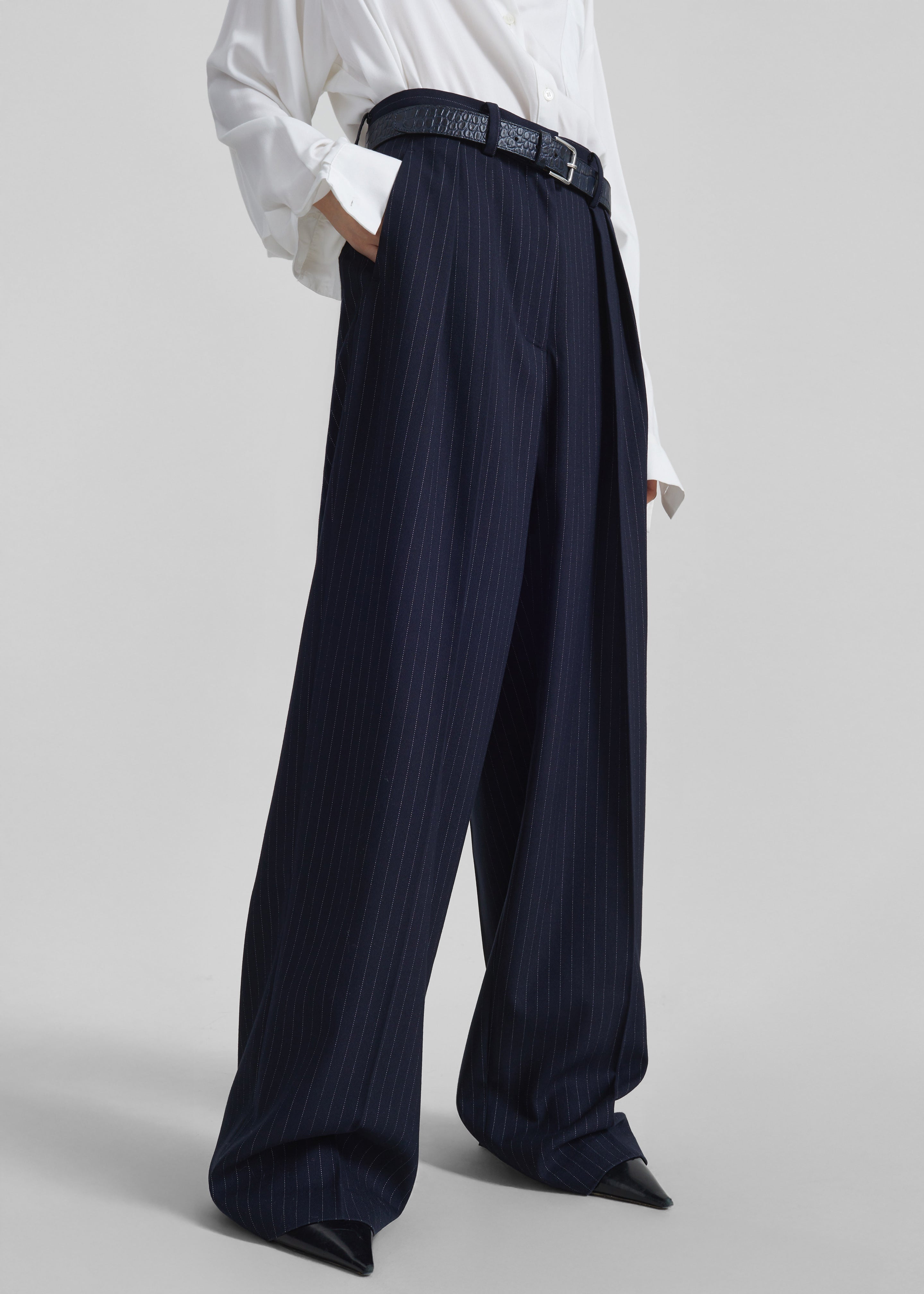 Tansy Pleated Trousers - Navy Pinstripe - 12