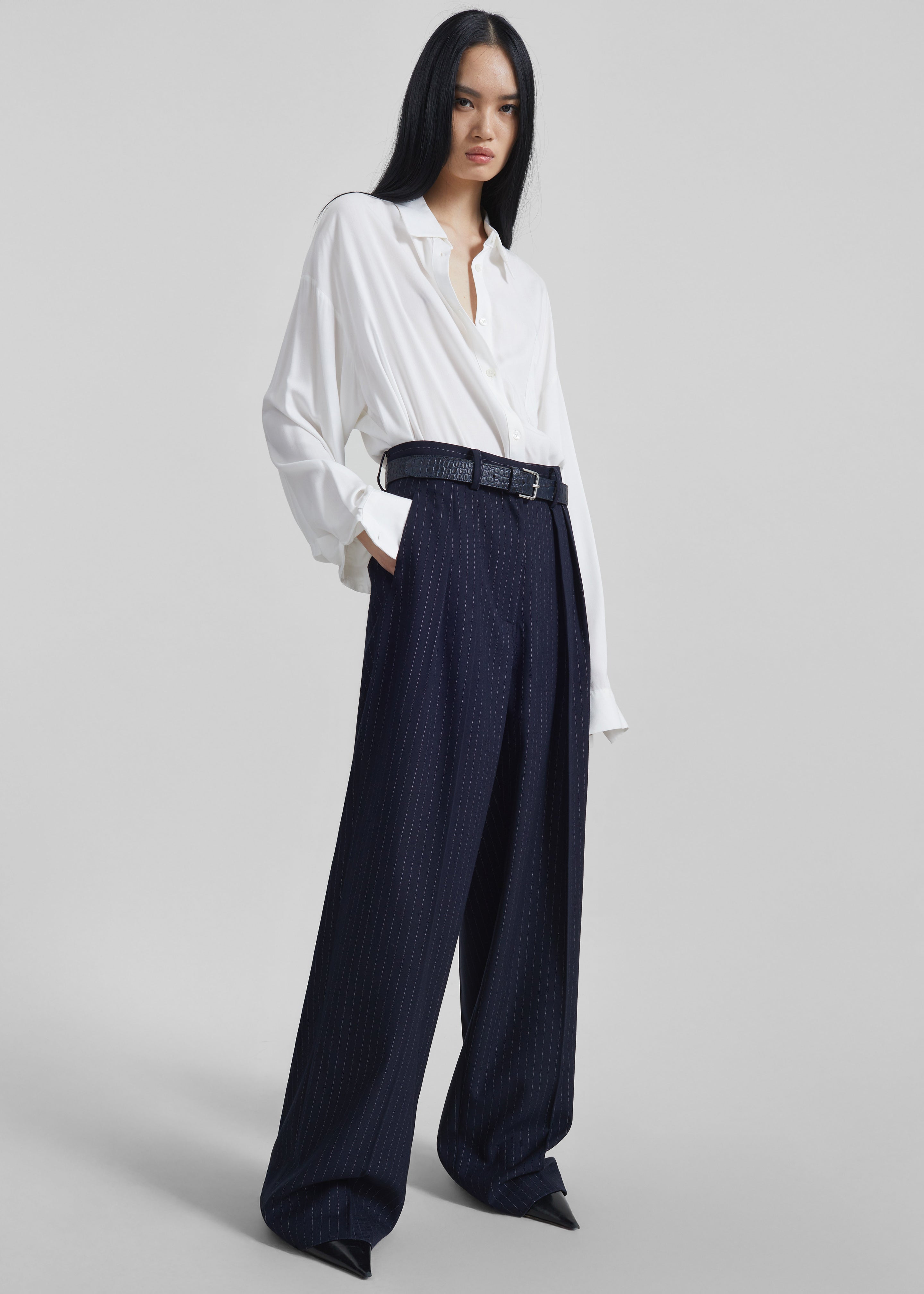 Tansy Pleated Trousers - Navy Pinstripe - 13