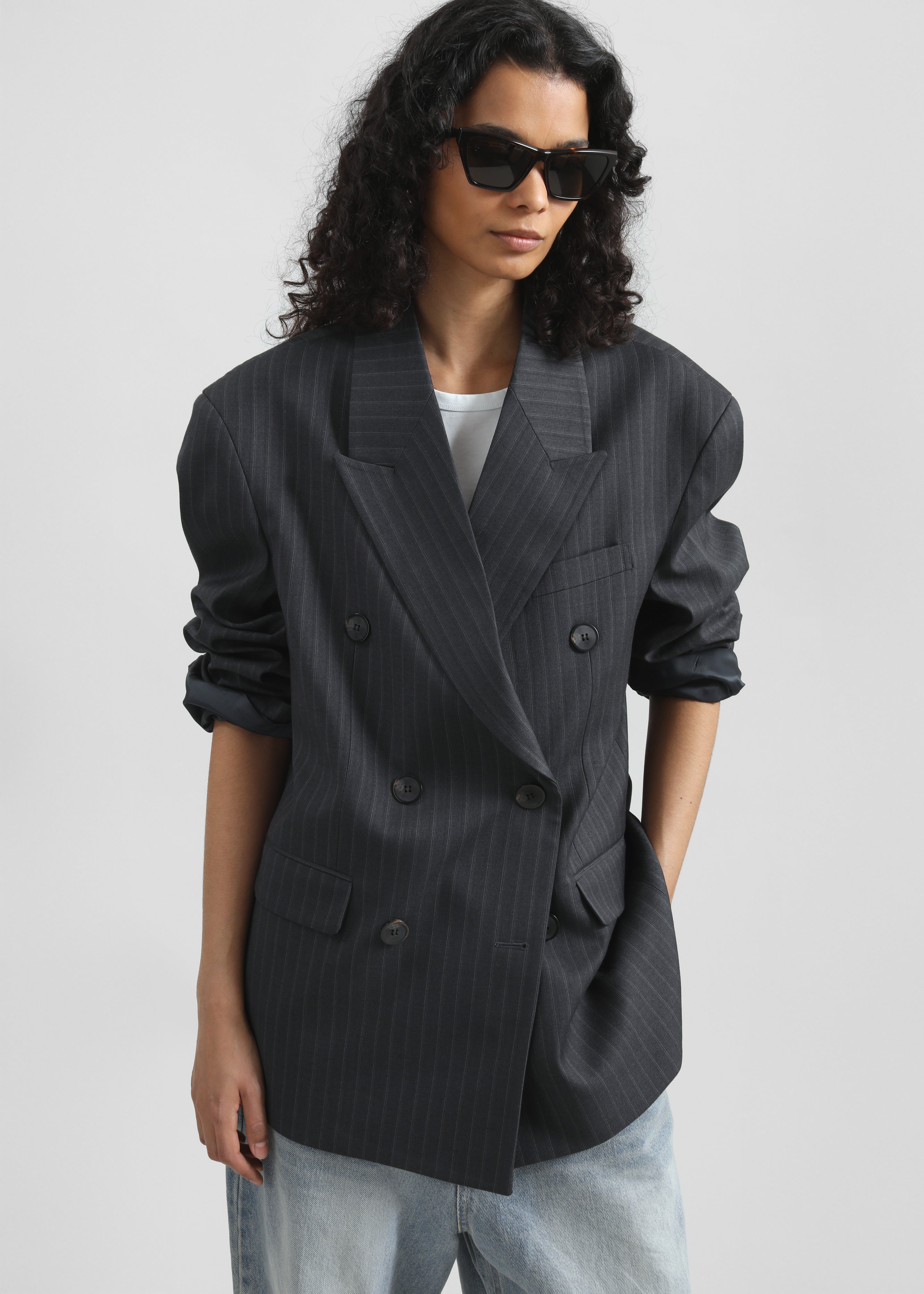 Tarbert Double-Breasted Blazer - Grey/White Pinstripe - 6