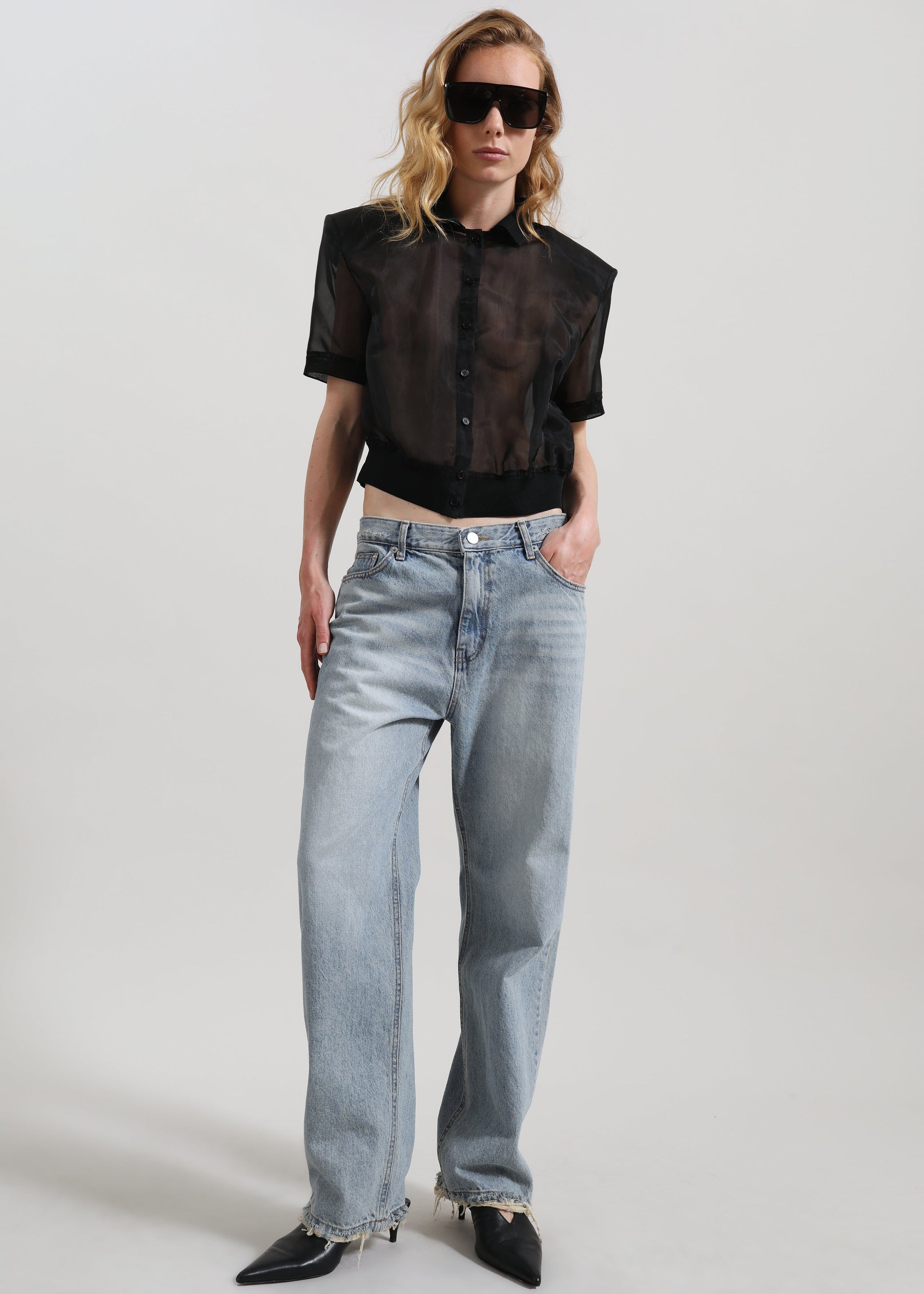 Shop the look image for Tavy Cropped Sheer Shirt - Black