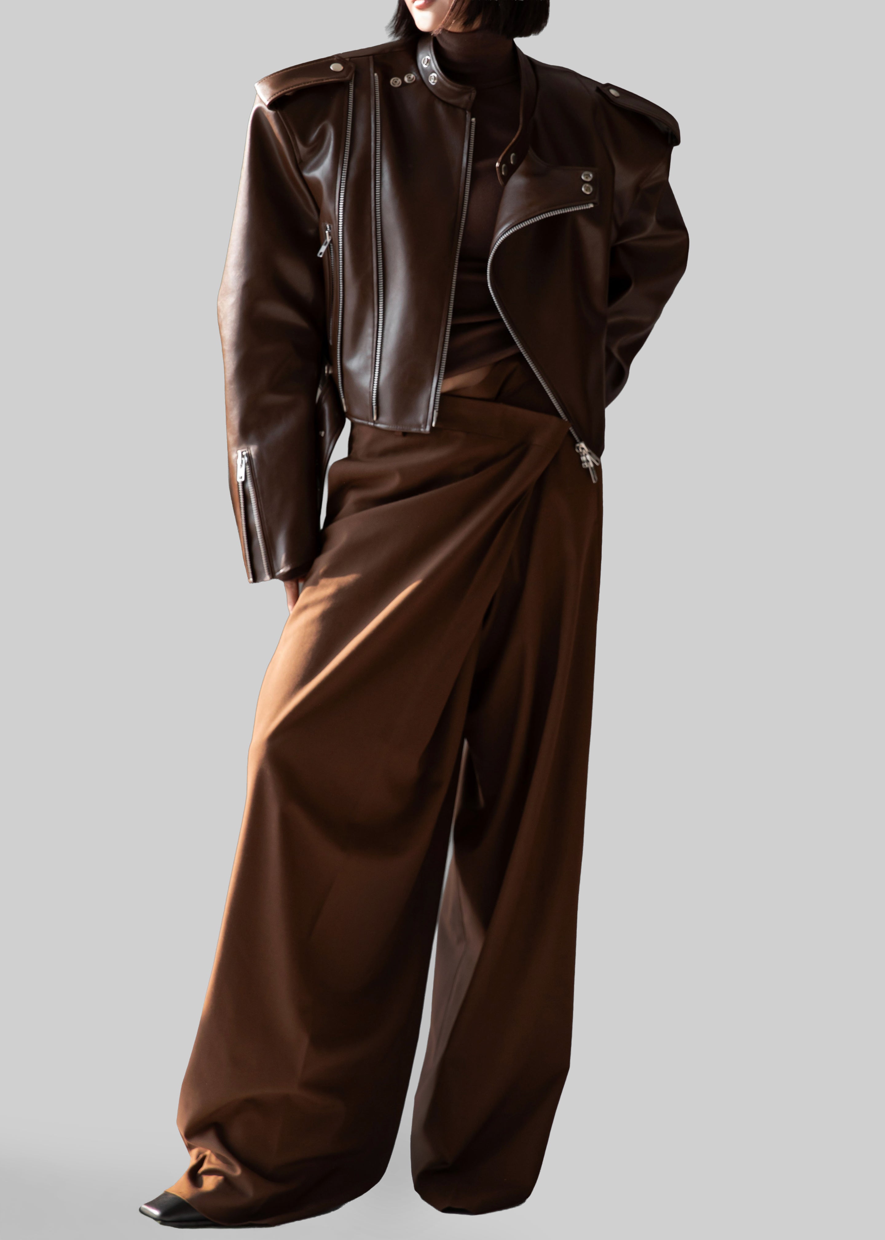 Teagan Boxy Faux Leather Jacket - Brown - 8