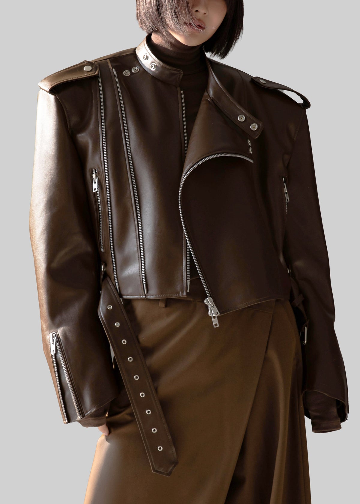 Teagan Boxy Faux Leather Jacket - Brown - 10