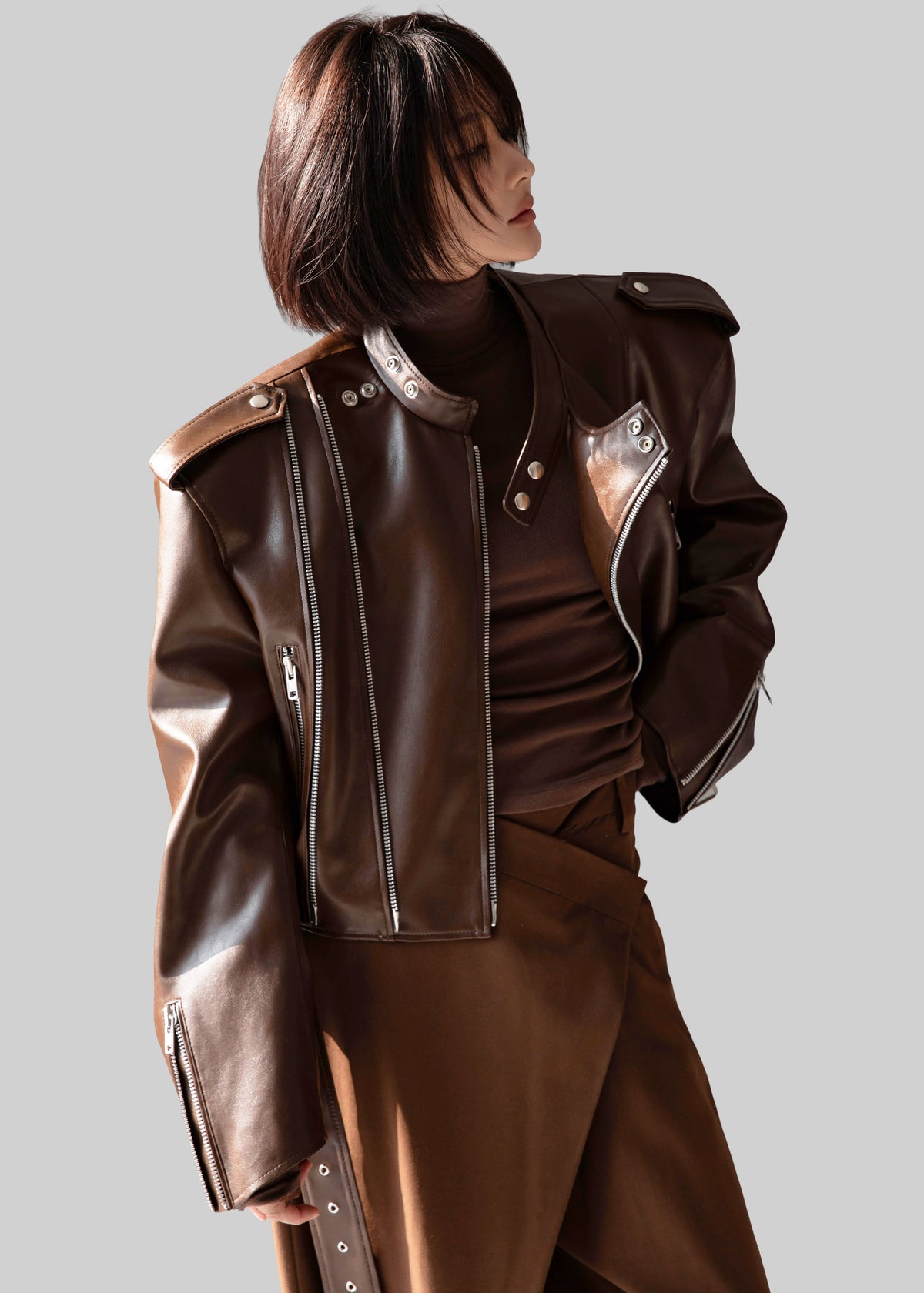 Teagan Boxy Faux Leather Jacket - Brown - 4