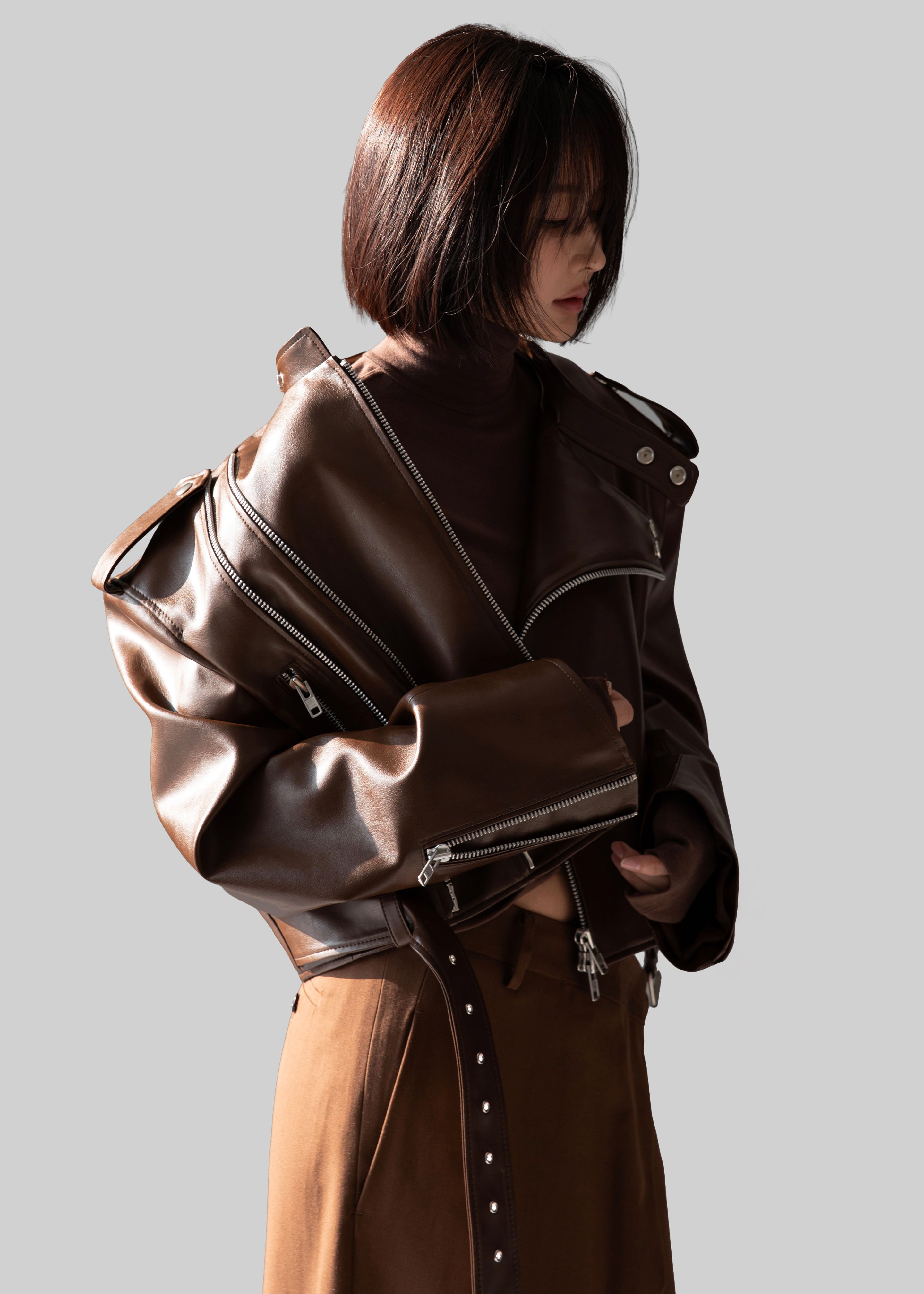 Teagan Boxy Faux Leather Jacket - Brown - 7