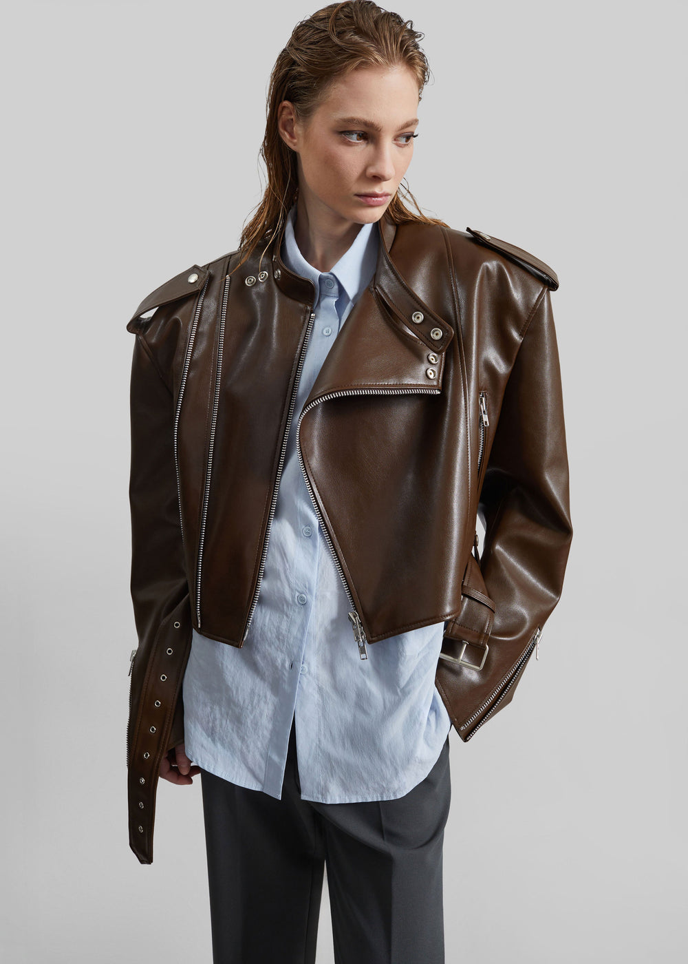 Teagan Boxy Faux Leather Jacket - Brown