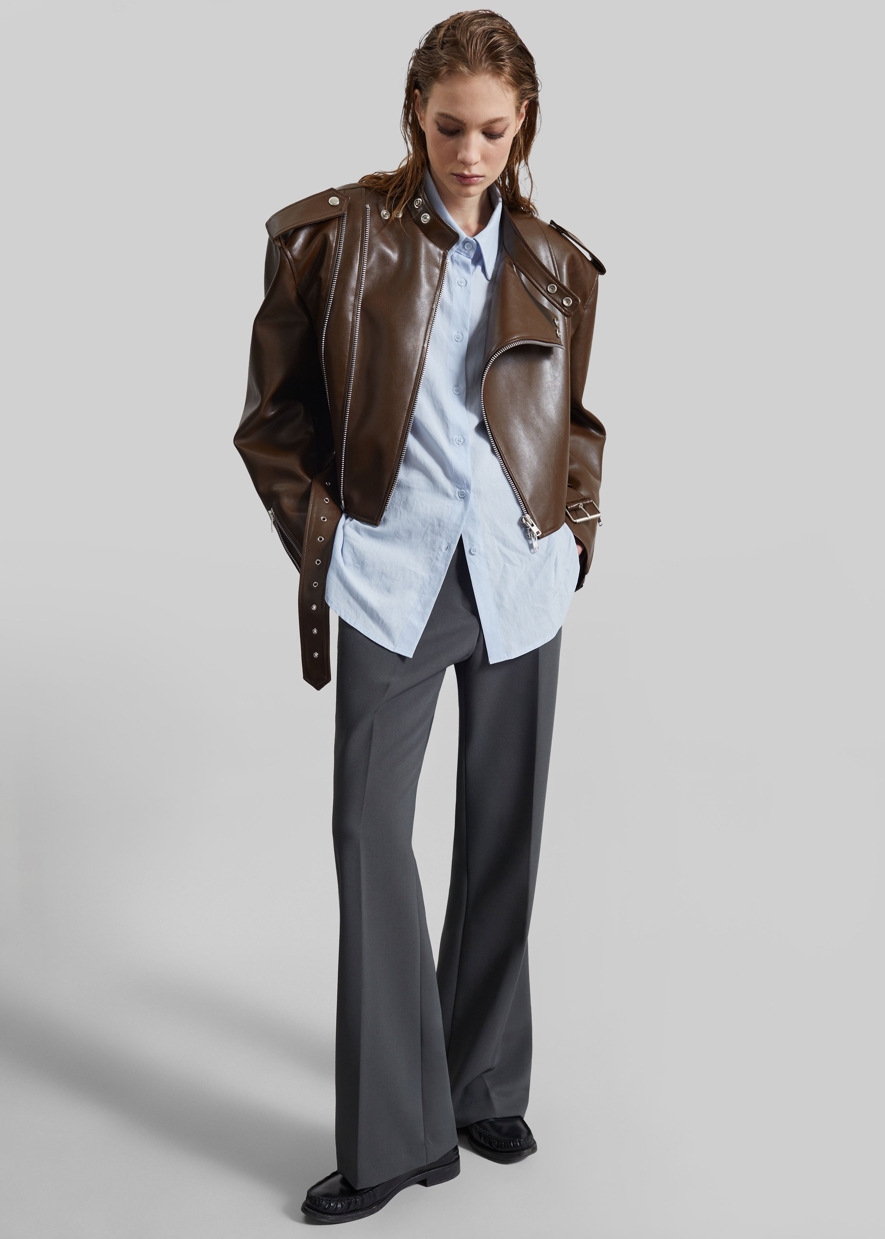 Teagan Boxy Faux Leather Jacket - Brown - 3