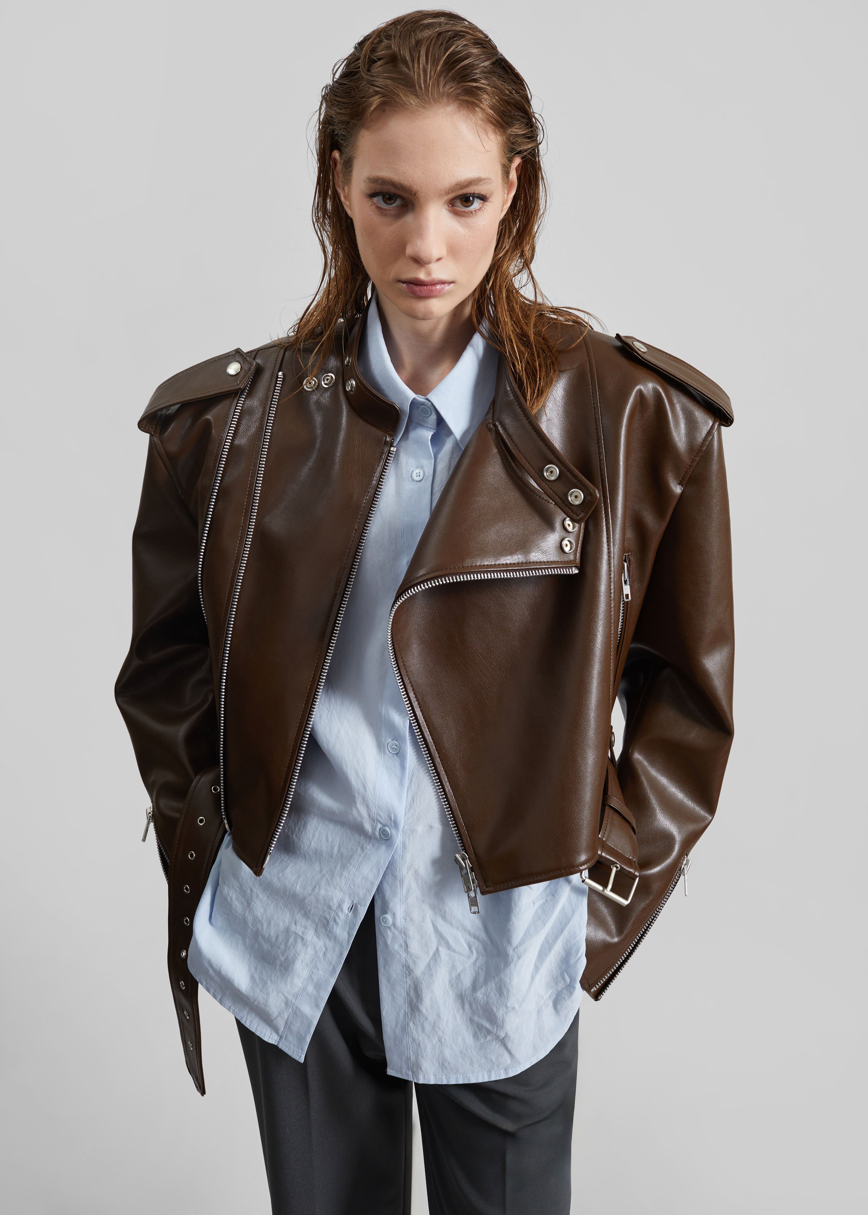 Teagan Boxy Faux Leather Jacket - Brown - 5