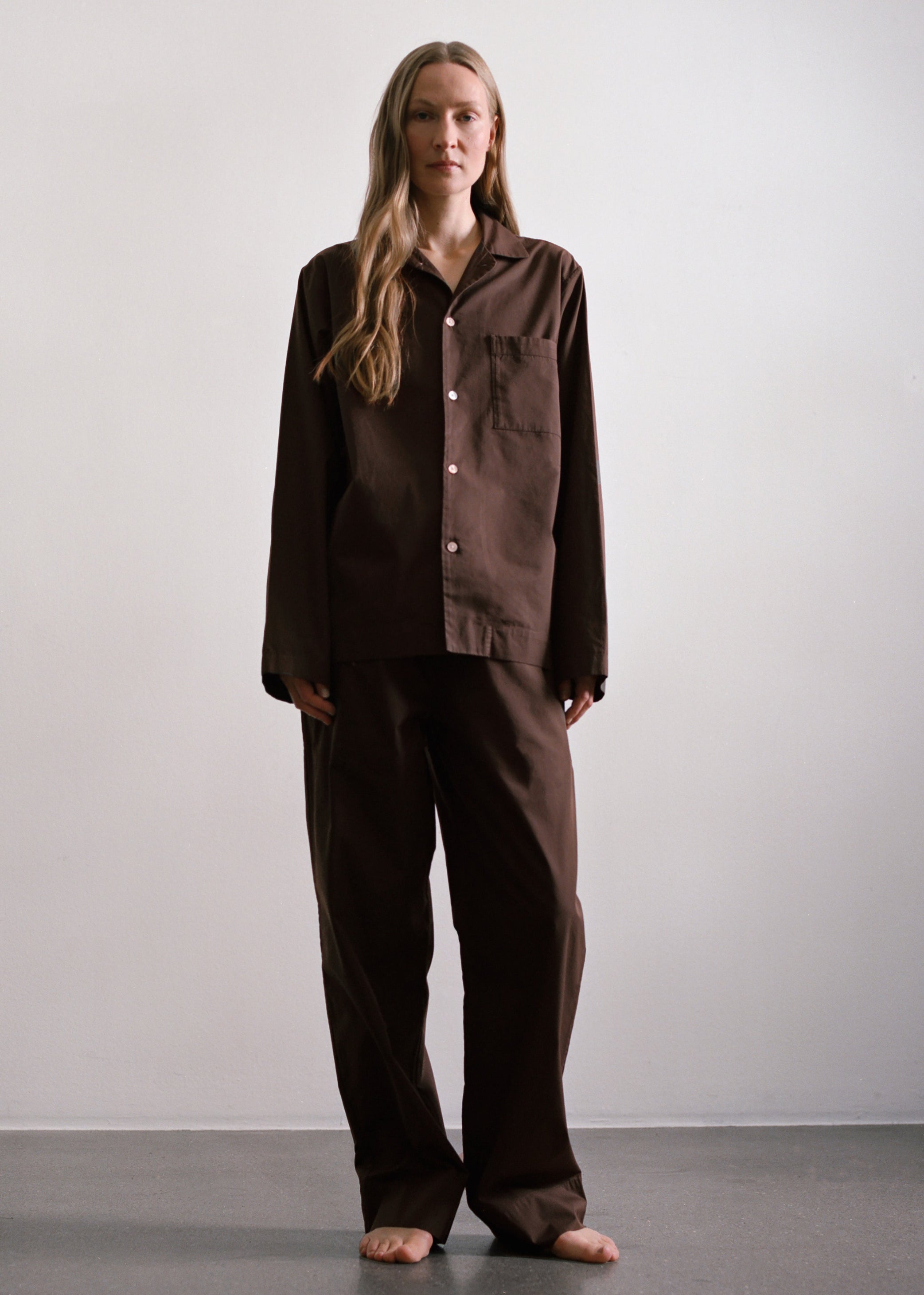 Shop the look image for Tekla Poplin Pyjama Shirt - Coffee