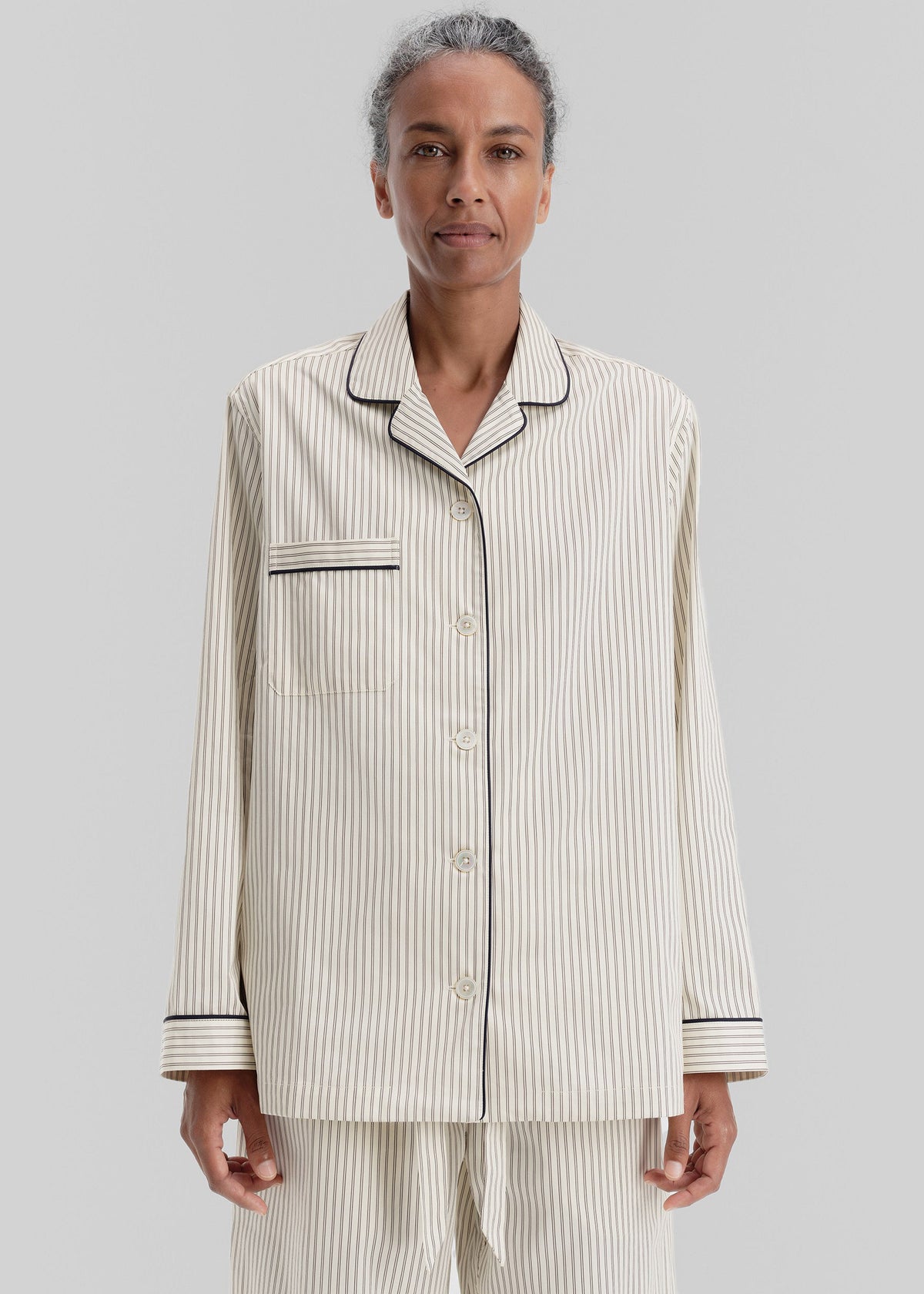 Tekla Sateen Pyjama Shirt - Brown Pinstripe - 2