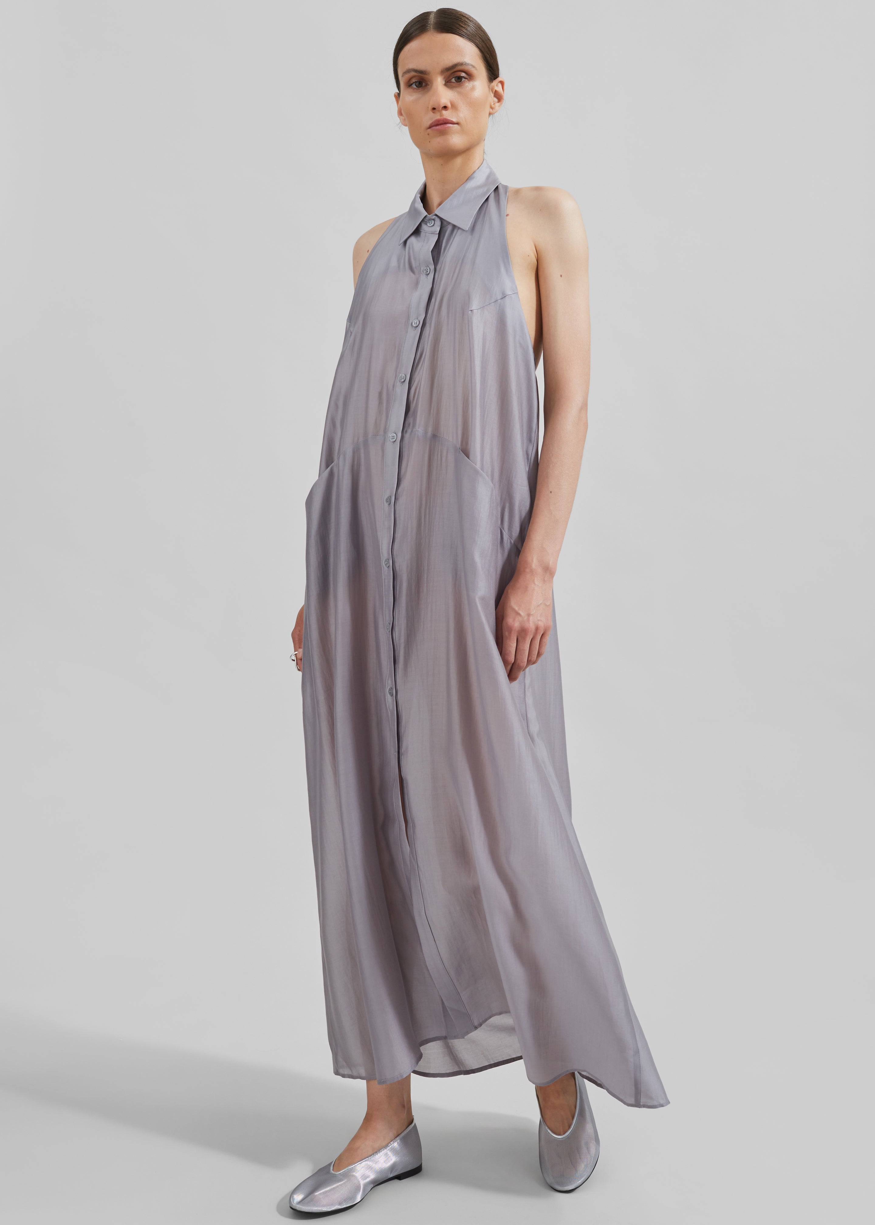 Temi Sheer Halter Dress - Grey - 3