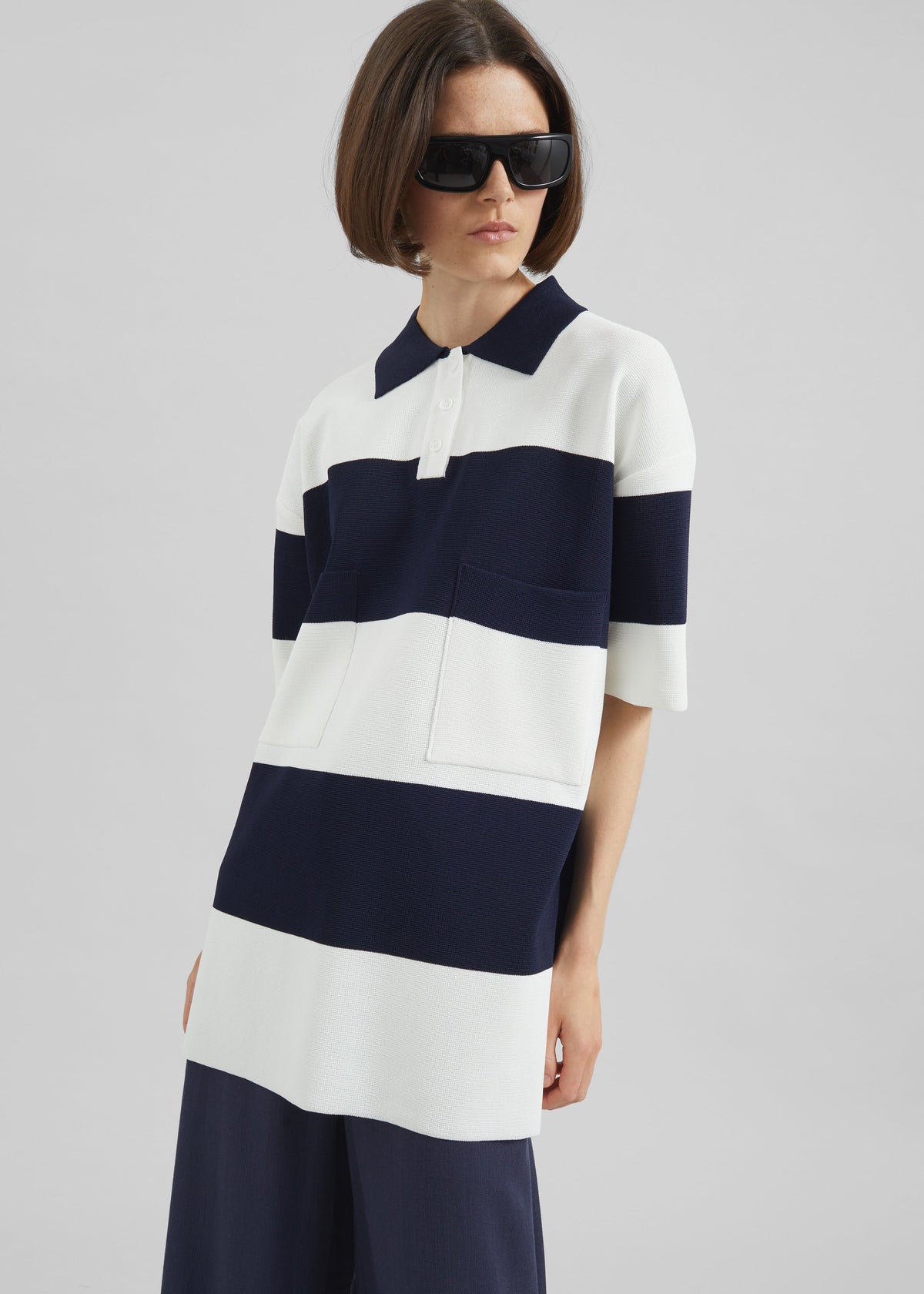 Teralba Oversized Knit Polo - White/Navy Stripe - 4