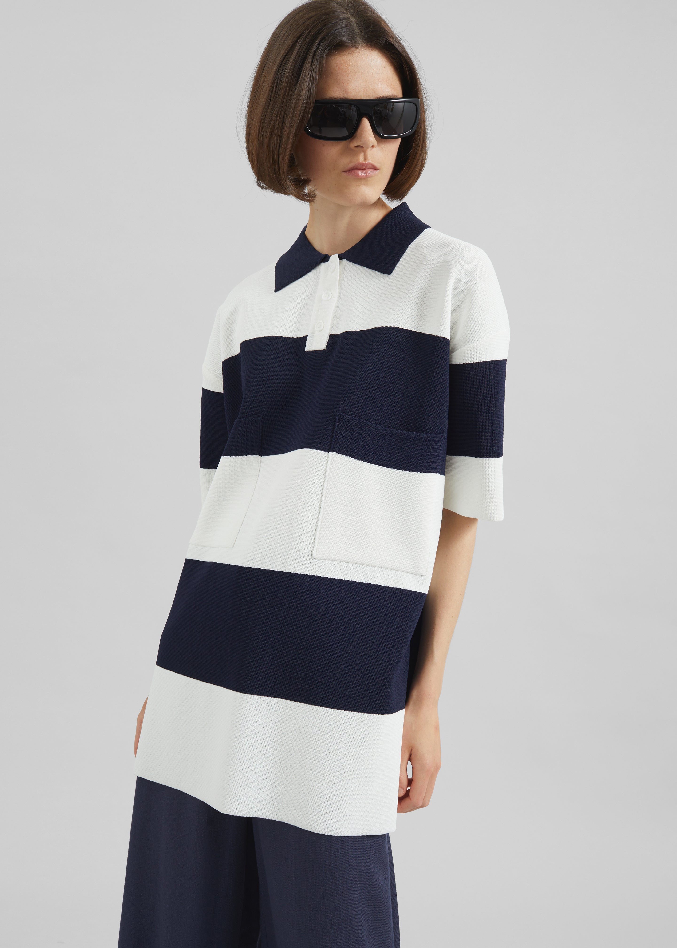Teralba Oversized Knit Polo - White/Navy Stripe - 4