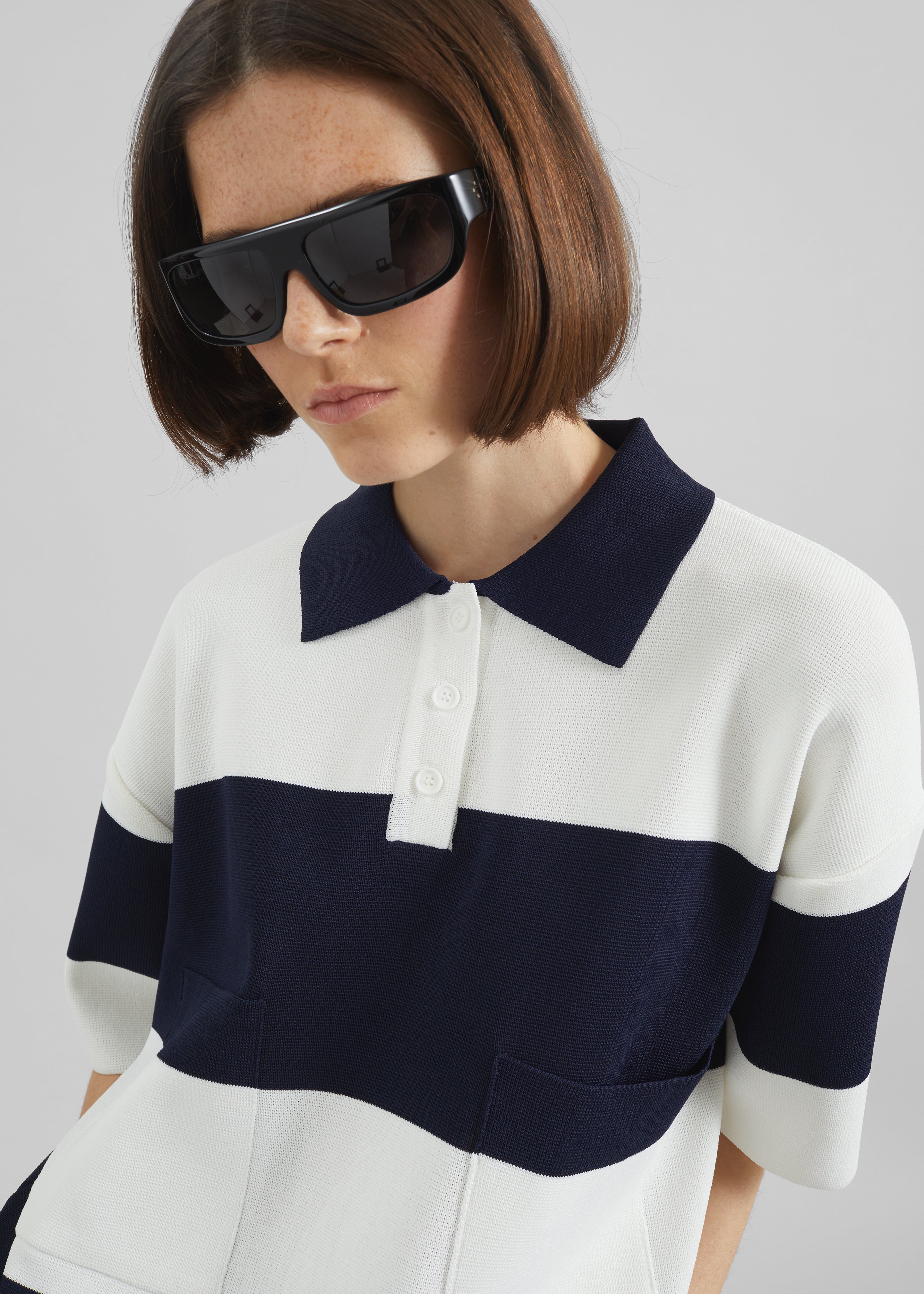 Teralba Oversized Knit Polo - White/Navy Stripe - 3