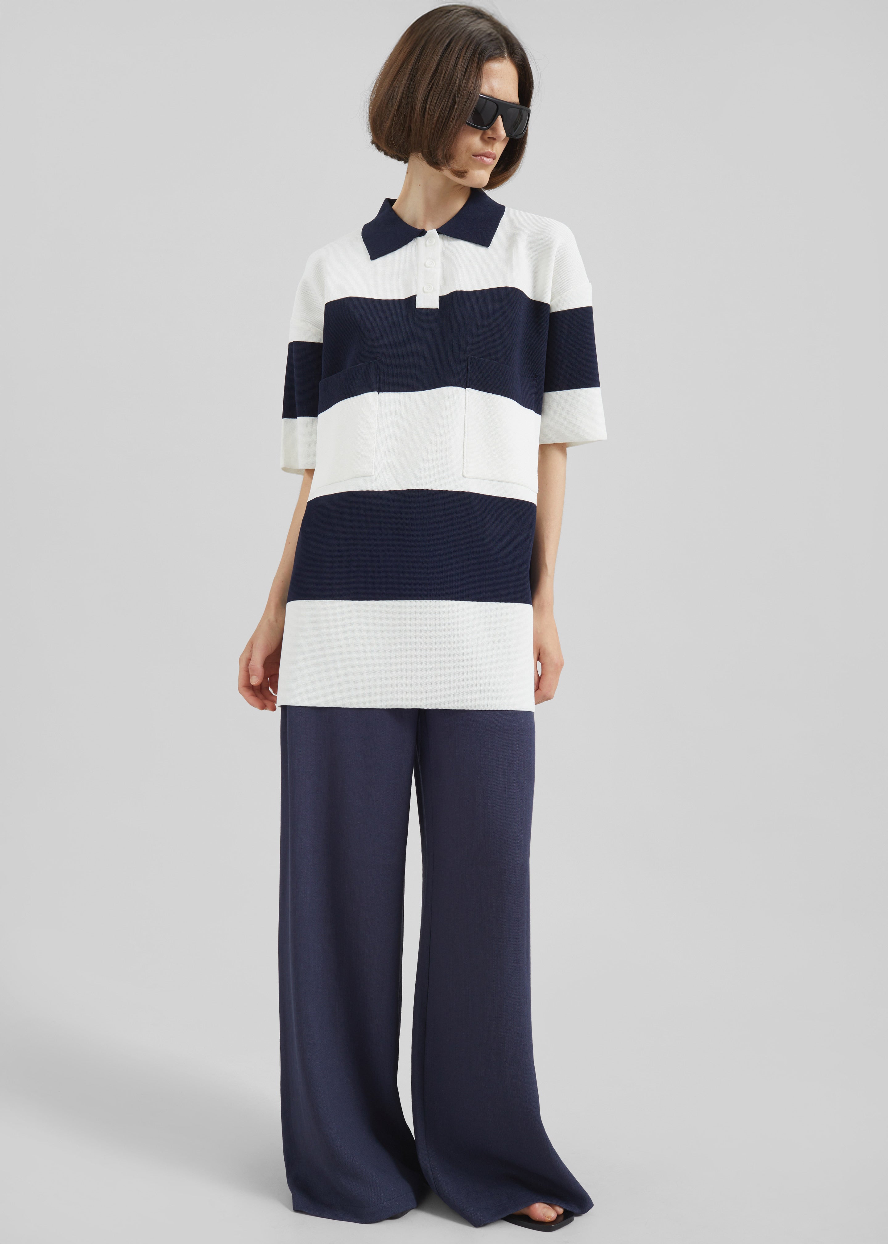 Teralba Oversized Knit Polo - White/Navy Stripe - 6