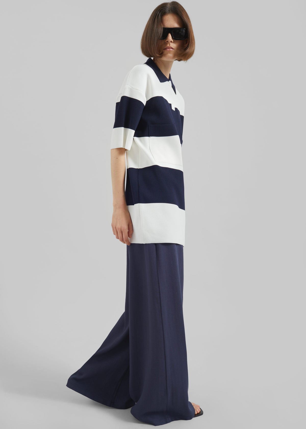 Teralba Oversized Knit Polo - White/Navy Stripe - 2