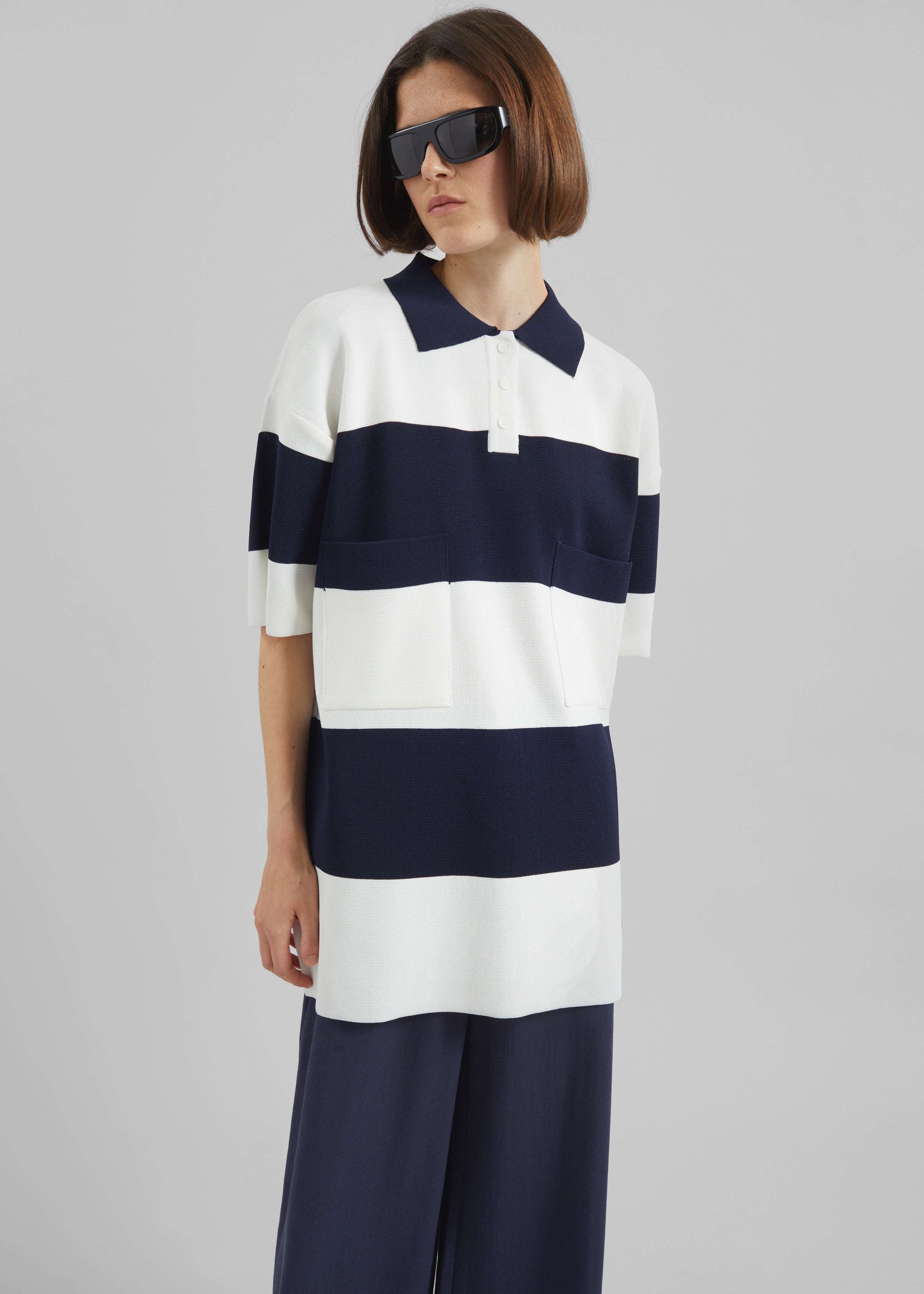 Teralba Oversized Knit Polo - White/Navy Stripe - 5