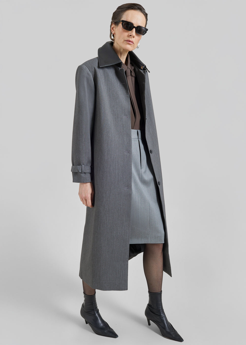 Teran Faux Leather Collar Coat - Dark Grey Melange