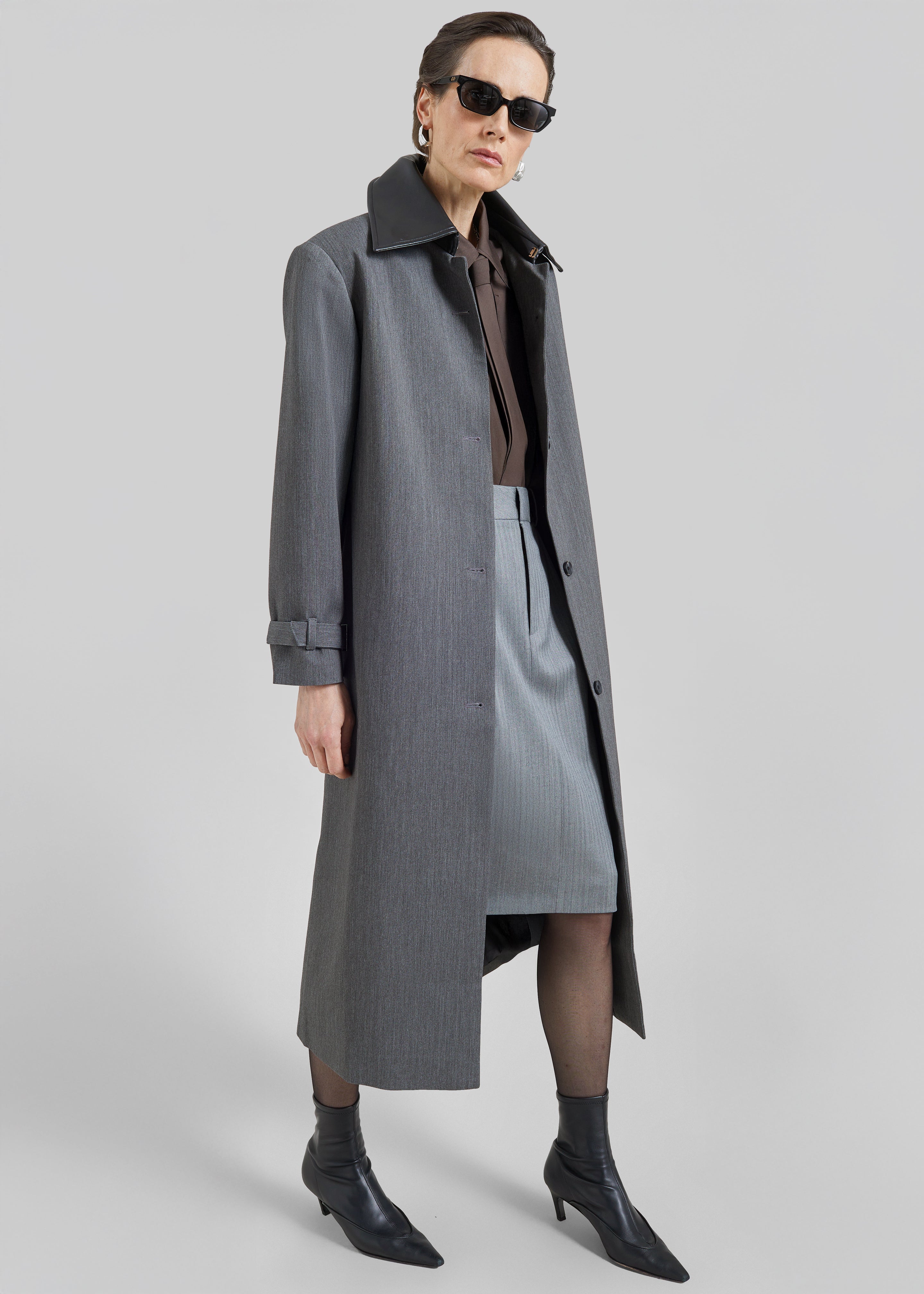 Teran Faux Leather Collar Coat - Dark Grey Melange