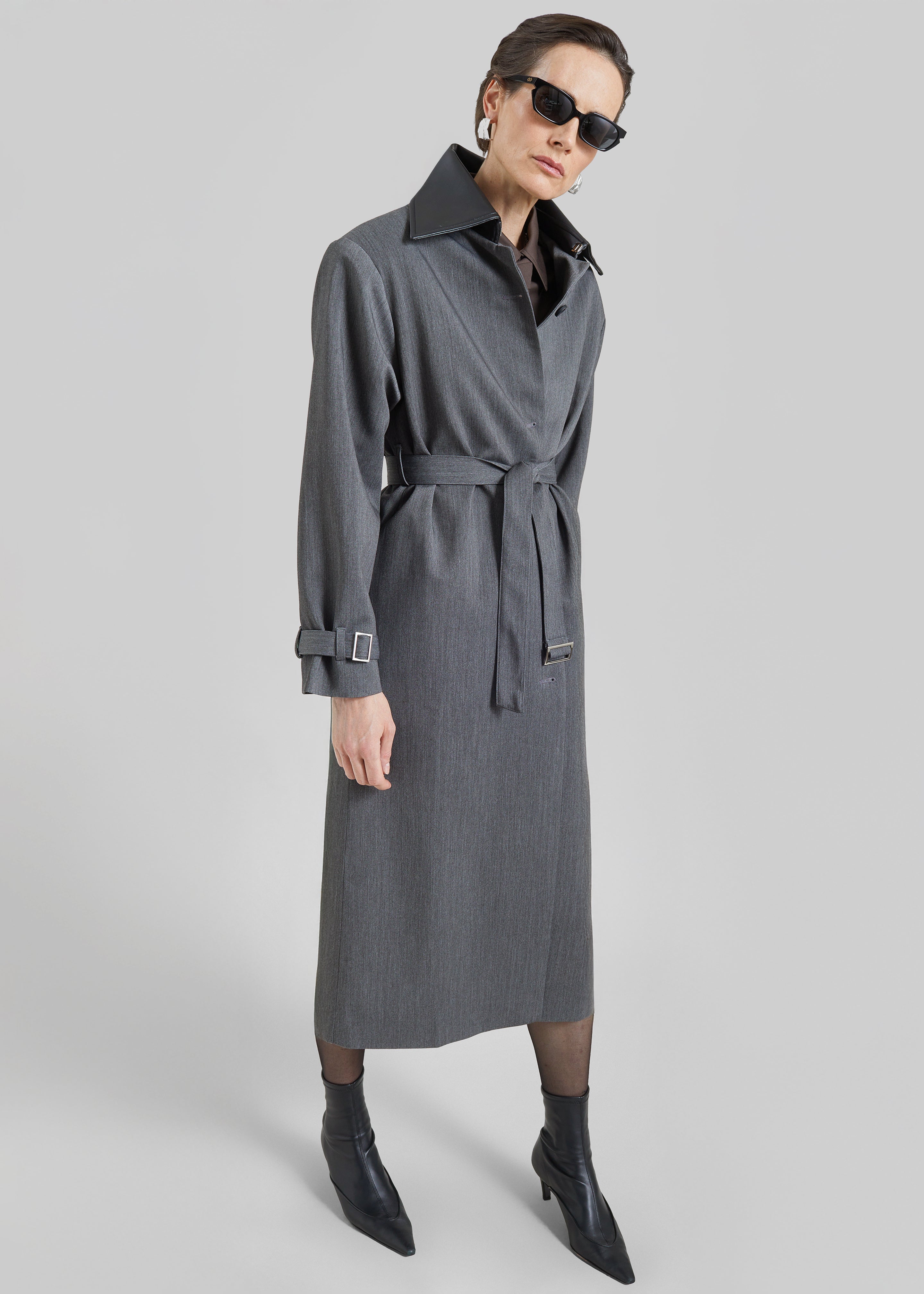 Teran Faux Leather Collar Coat - Dark Grey Melange