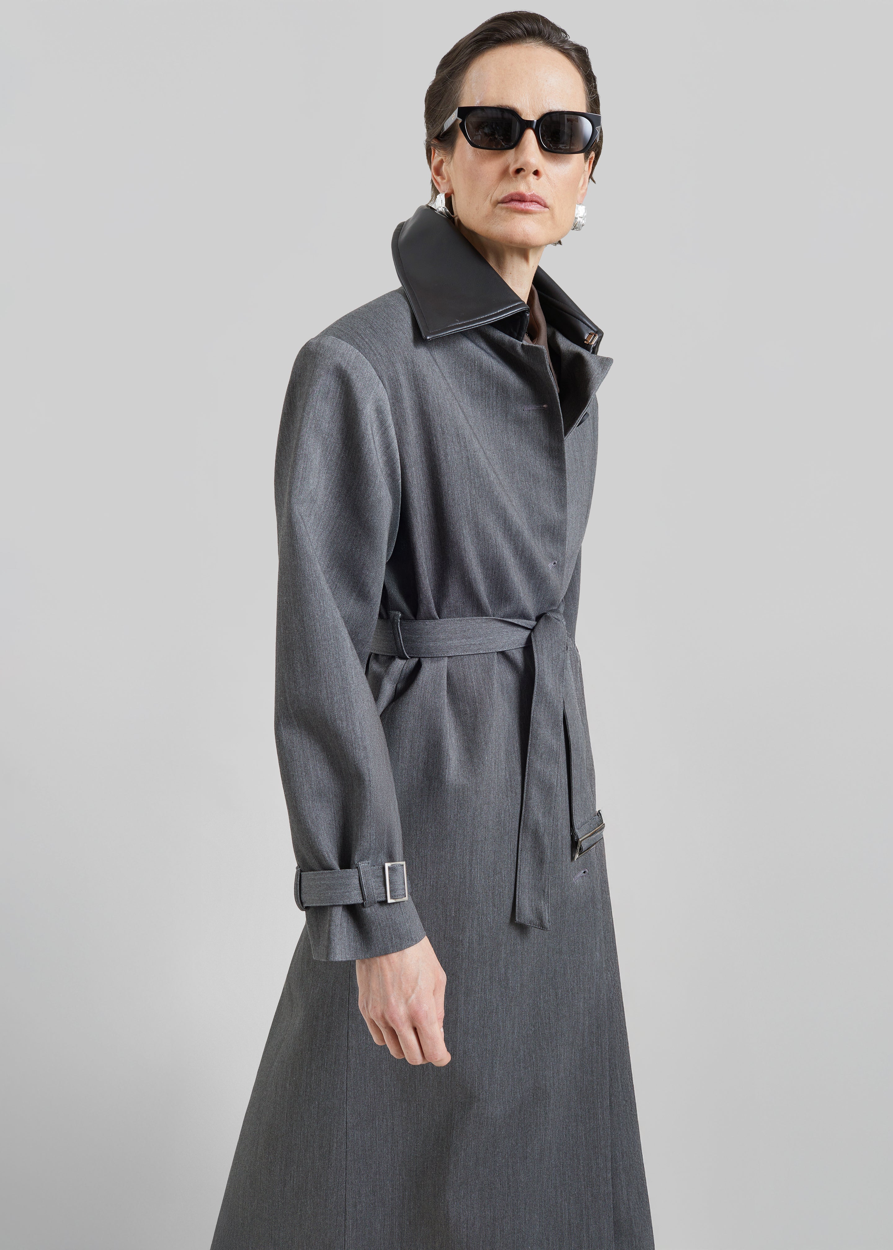 Teran Faux Leather Collar Coat - Dark Grey Melange