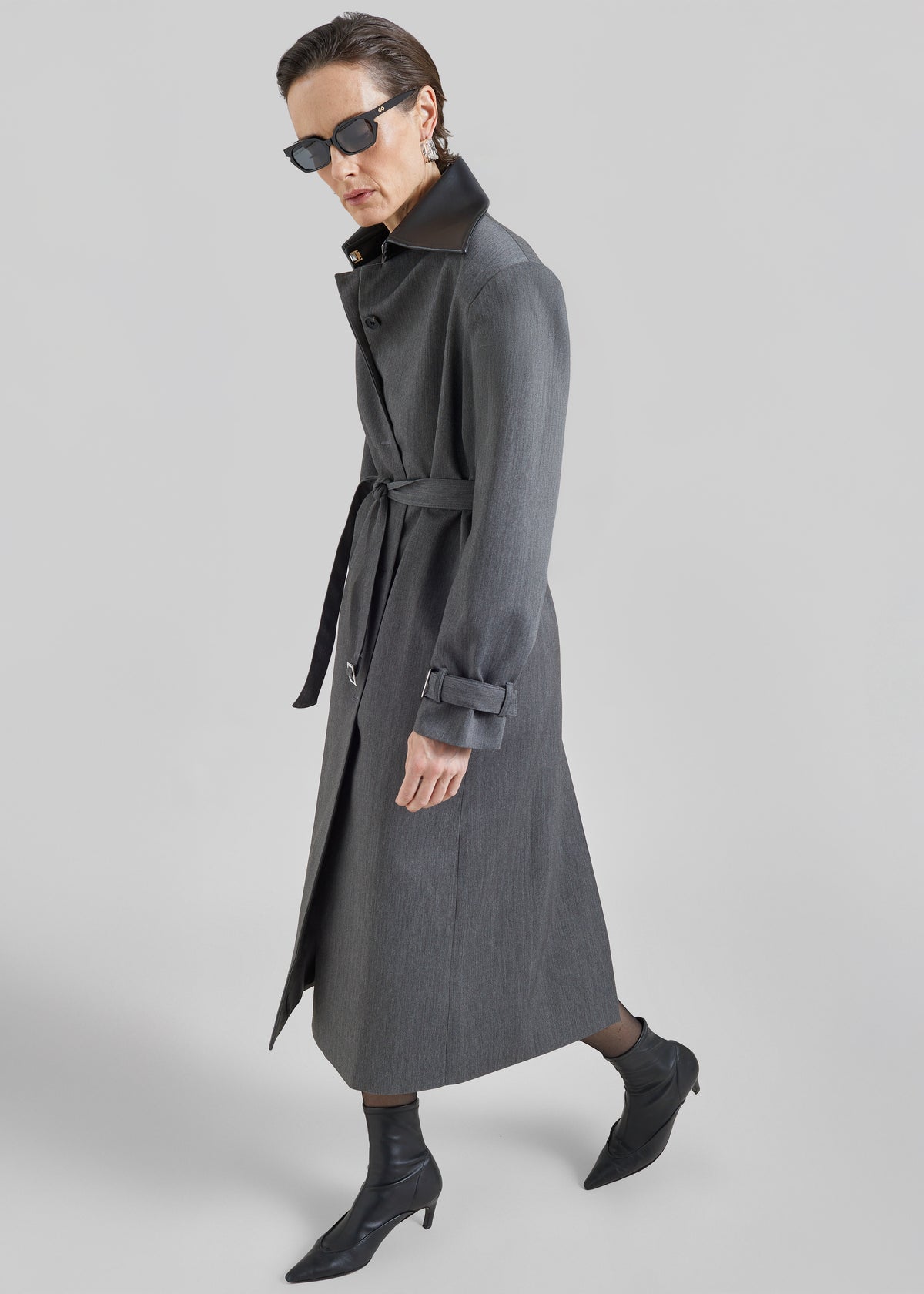 Teran Faux Leather Collar Coat - Dark Grey Melange