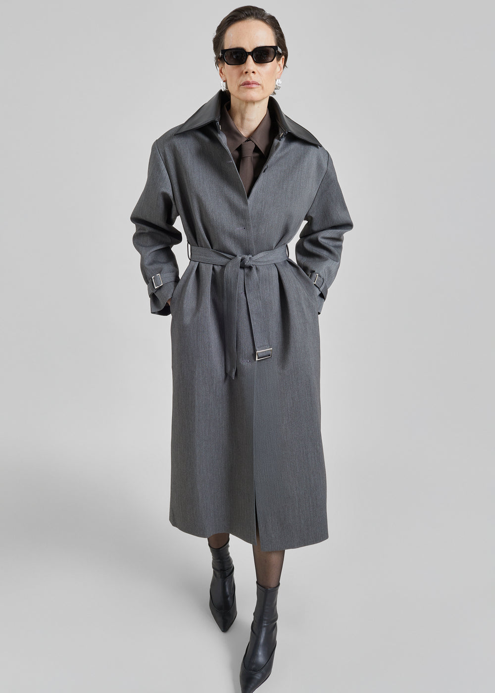 Teran Faux Leather Collar Coat - Dark Grey Melange - 1