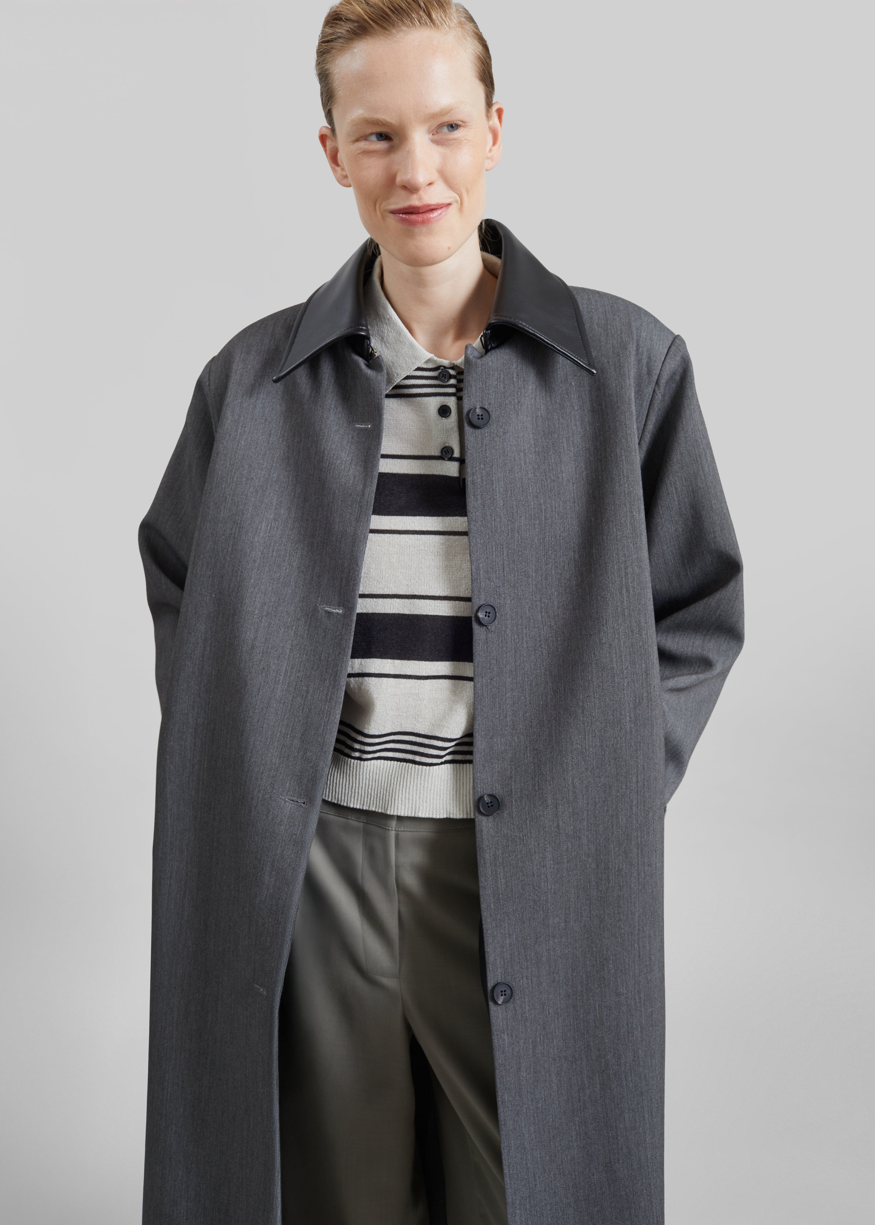 Manteau Teran à col en faux cuir - Gris foncé chiné - 5