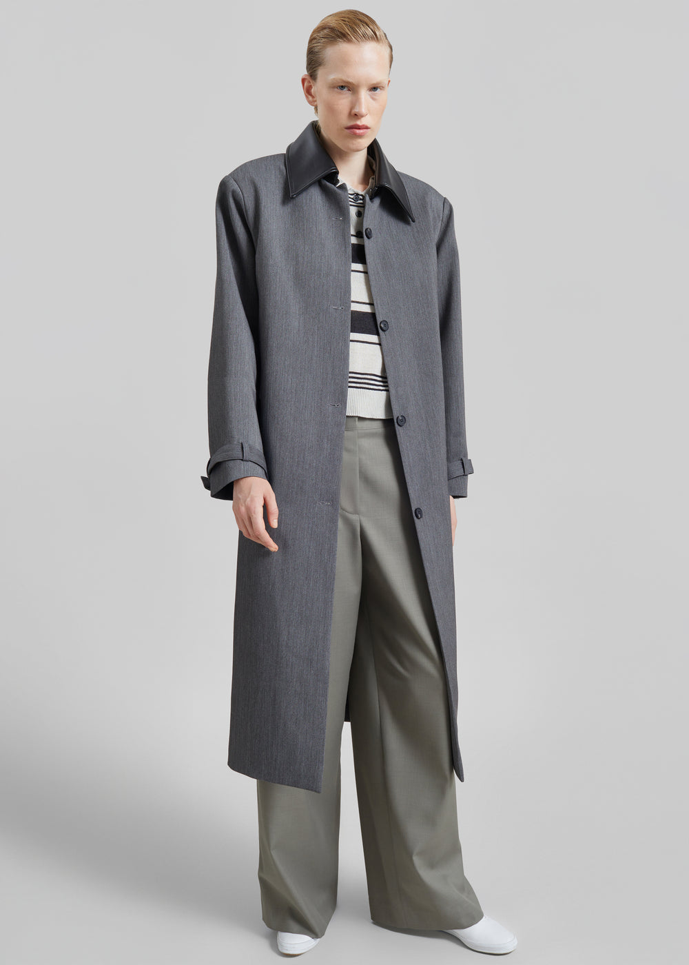 Teran Faux Leather Collar Coat - Dark Grey Melange - 1