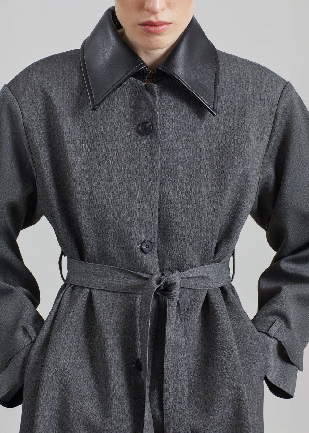 Teran Faux Leather Collar Coat - Dark Grey Melange