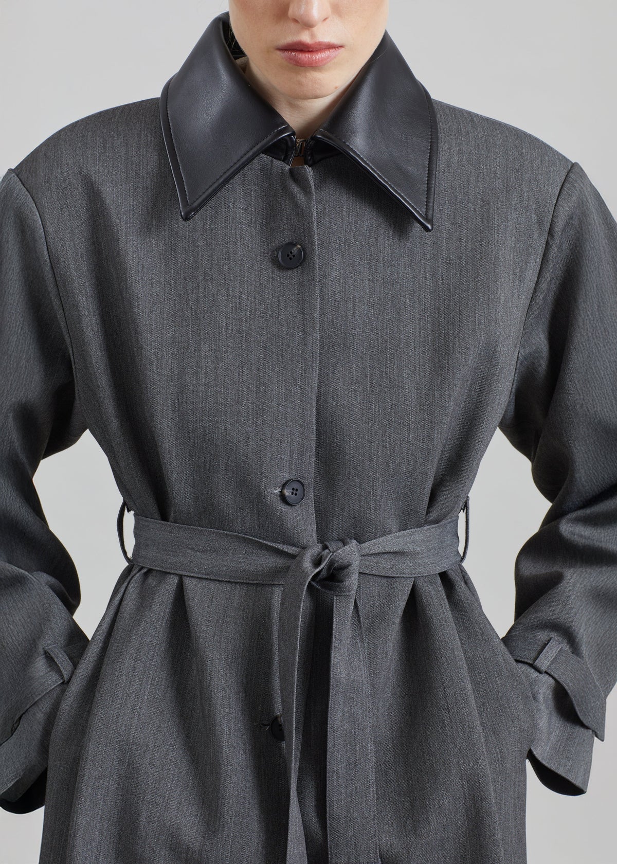 Manteau Teran à col en faux cuir - Gris foncé chiné - 1