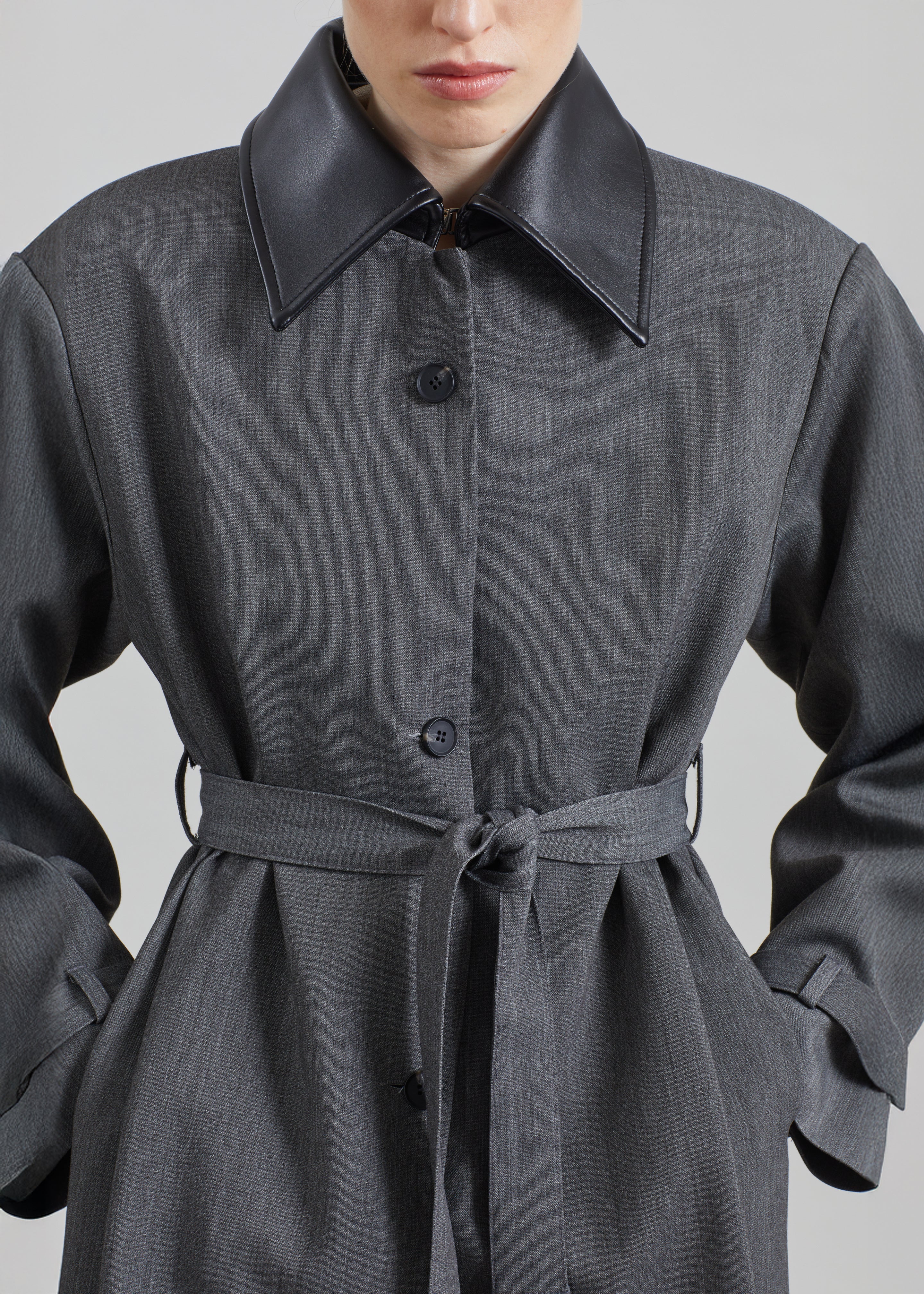 Manteau Teran à col en faux cuir - Gris foncé chiné - 1