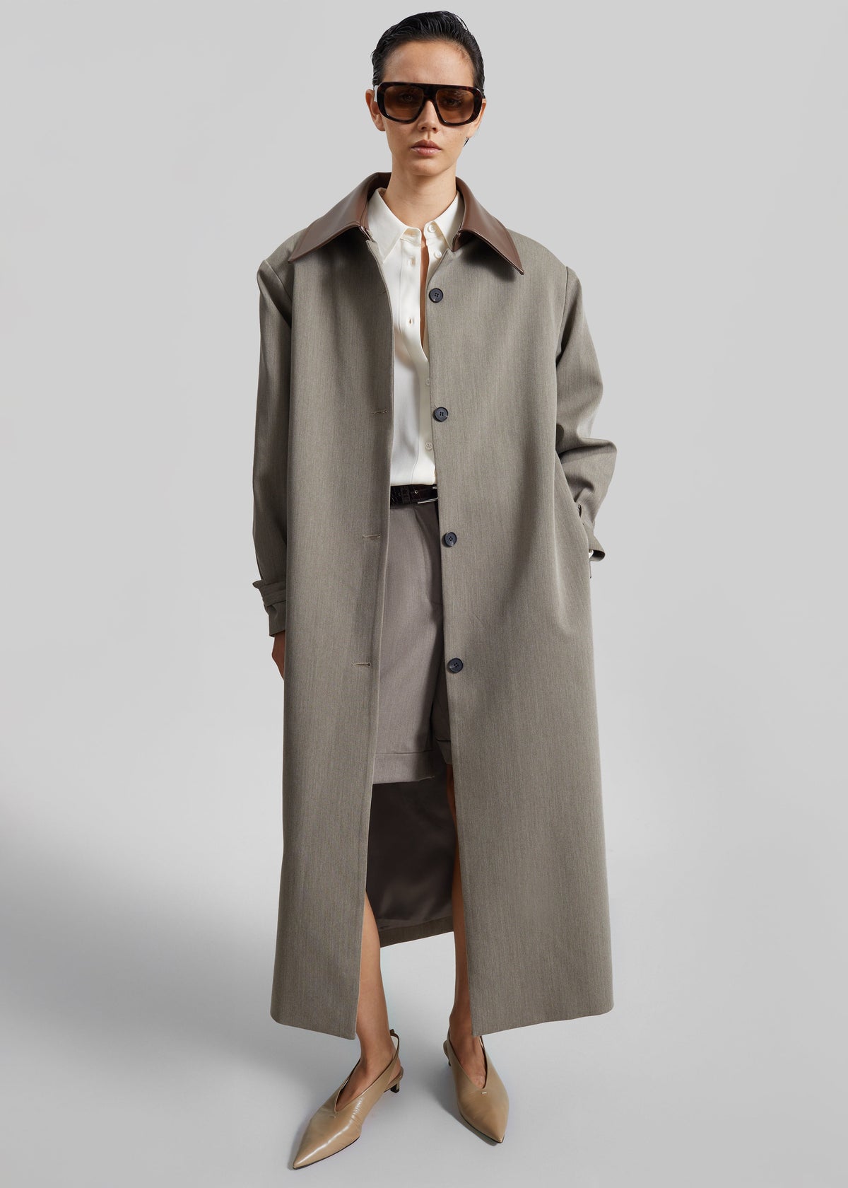 Teran Faux Leather Collar Coat - Dark Taupe - 3