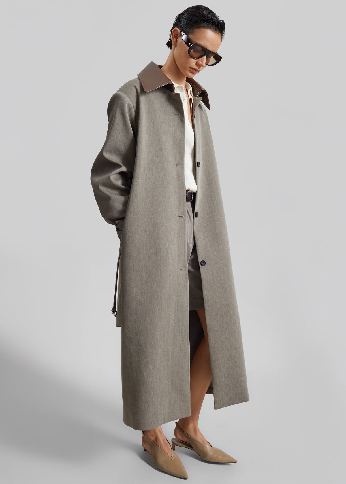 Teran Faux Leather Collar Coat - Dark Taupe - 5
