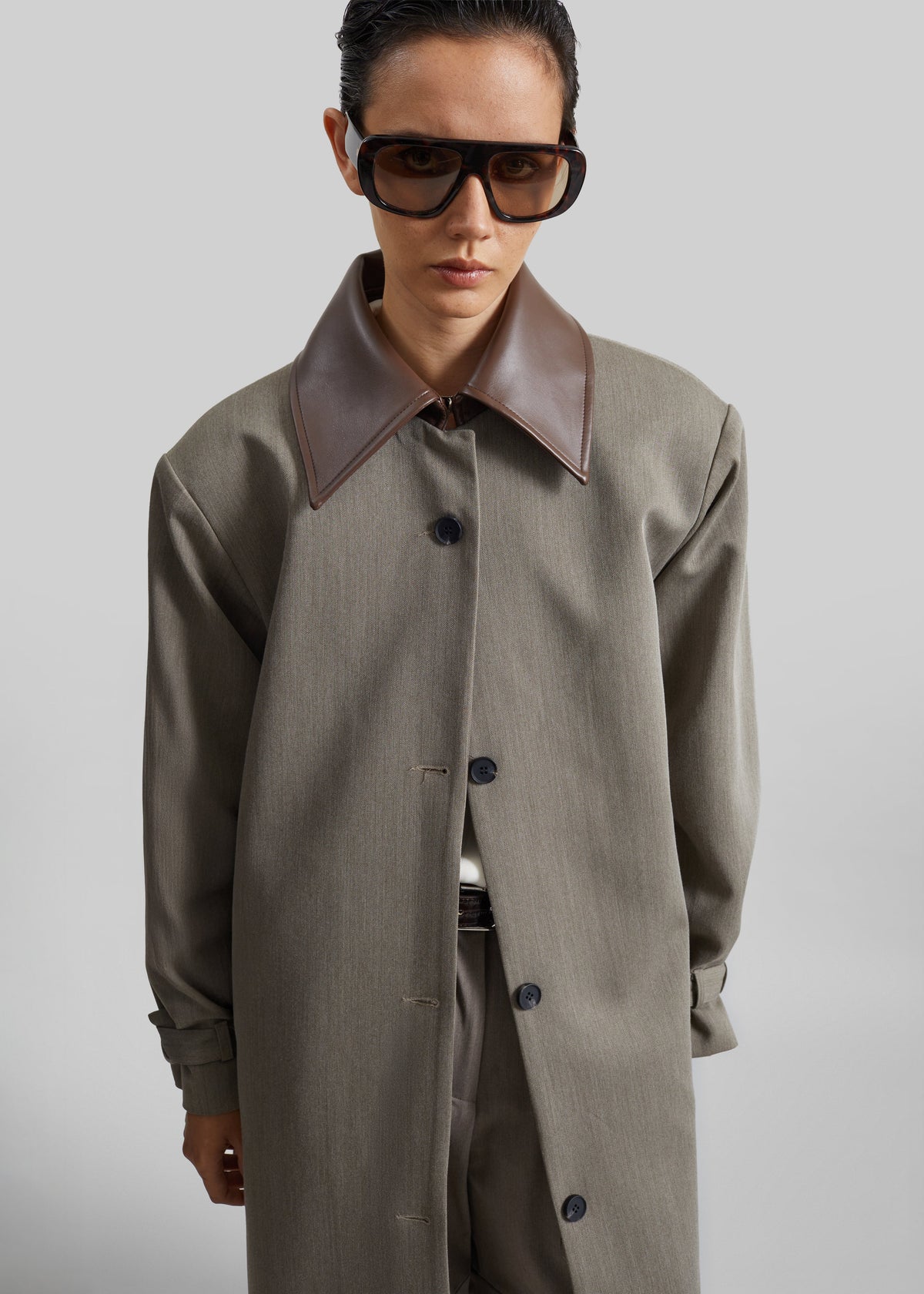 Teran Faux Leather Collar Coat - Dark Taupe - 2