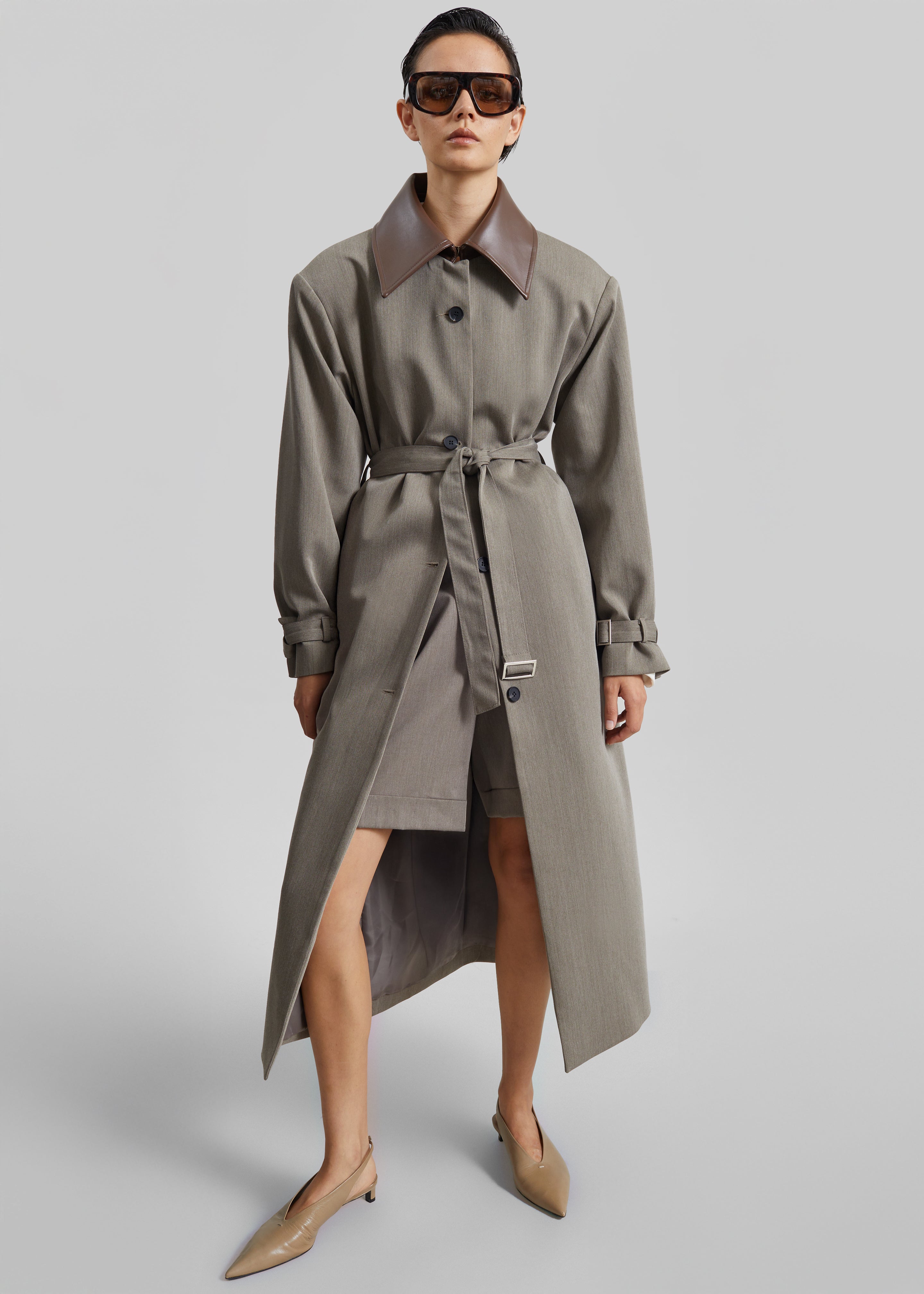 Teran Faux Leather Collar Coat - Dark Taupe - 7