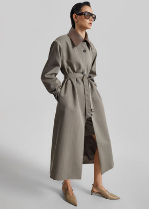 Teran Faux Leather Collar Coat - Dark Taupe