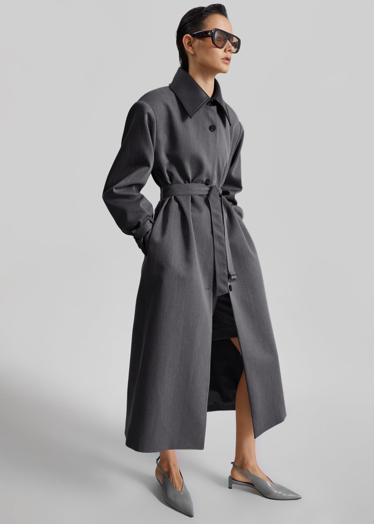 Manteau Teran à col en faux cuir - Gris foncé chiné - 4