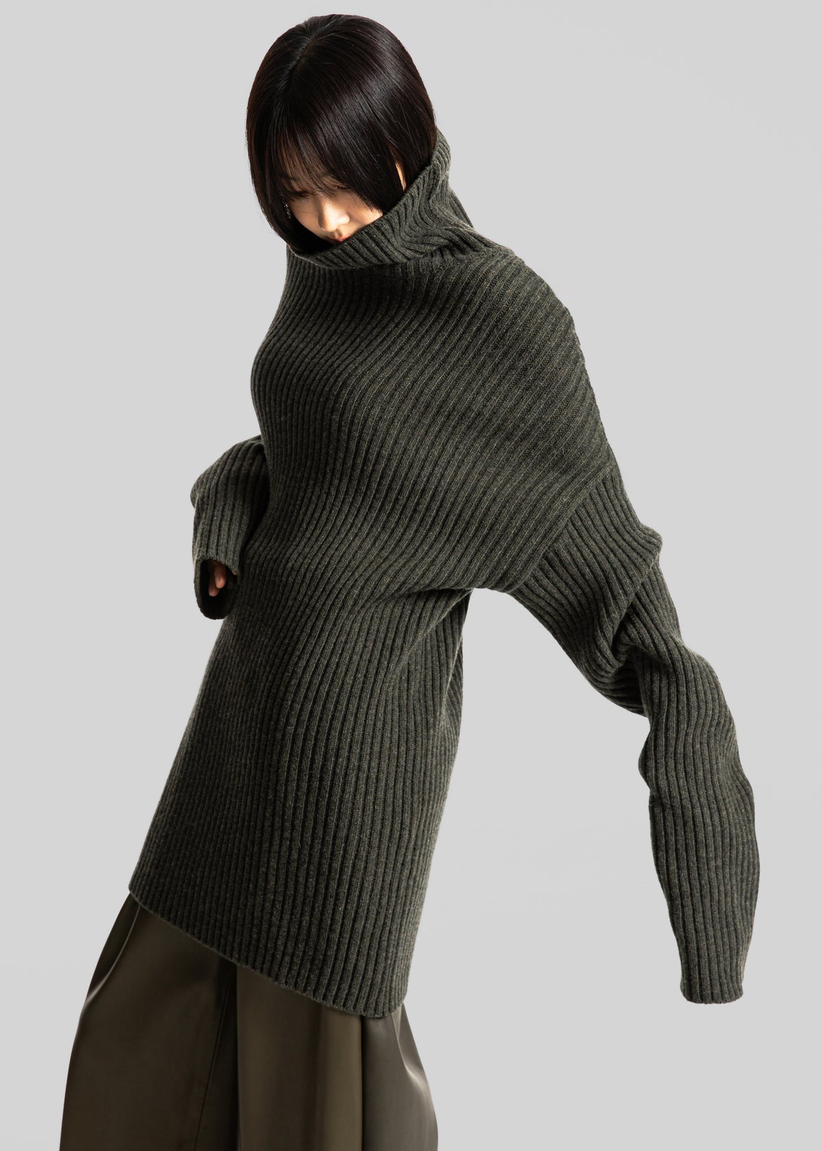 Thelma Ribbed Sweater Dress - Khaki - 2