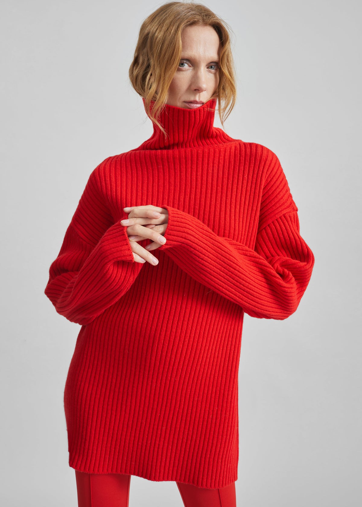 red turtleneck sweater dress Ribbed Knit Wine / M 15% Polyester Unlined Hand Wash Cold Manufactured in China Designed in The USA Model is 58 and Wearing a Size Small TOTEME - Double-sleeve turtleneck dress