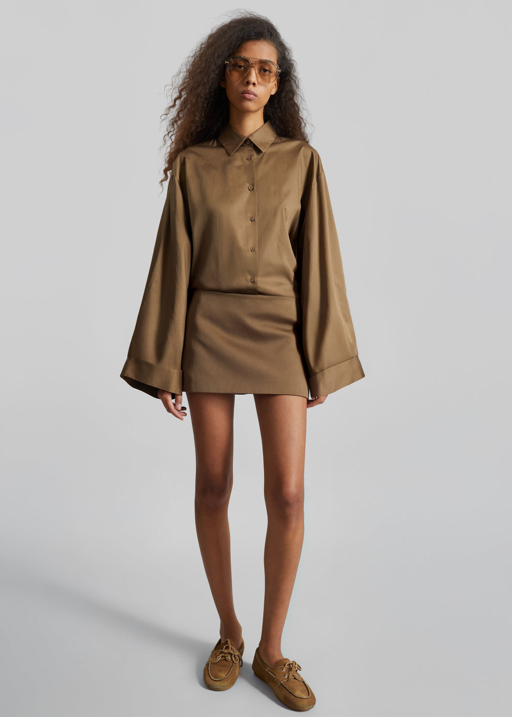 Tila Satin Wide Sleeve Shirt - Brown - 1