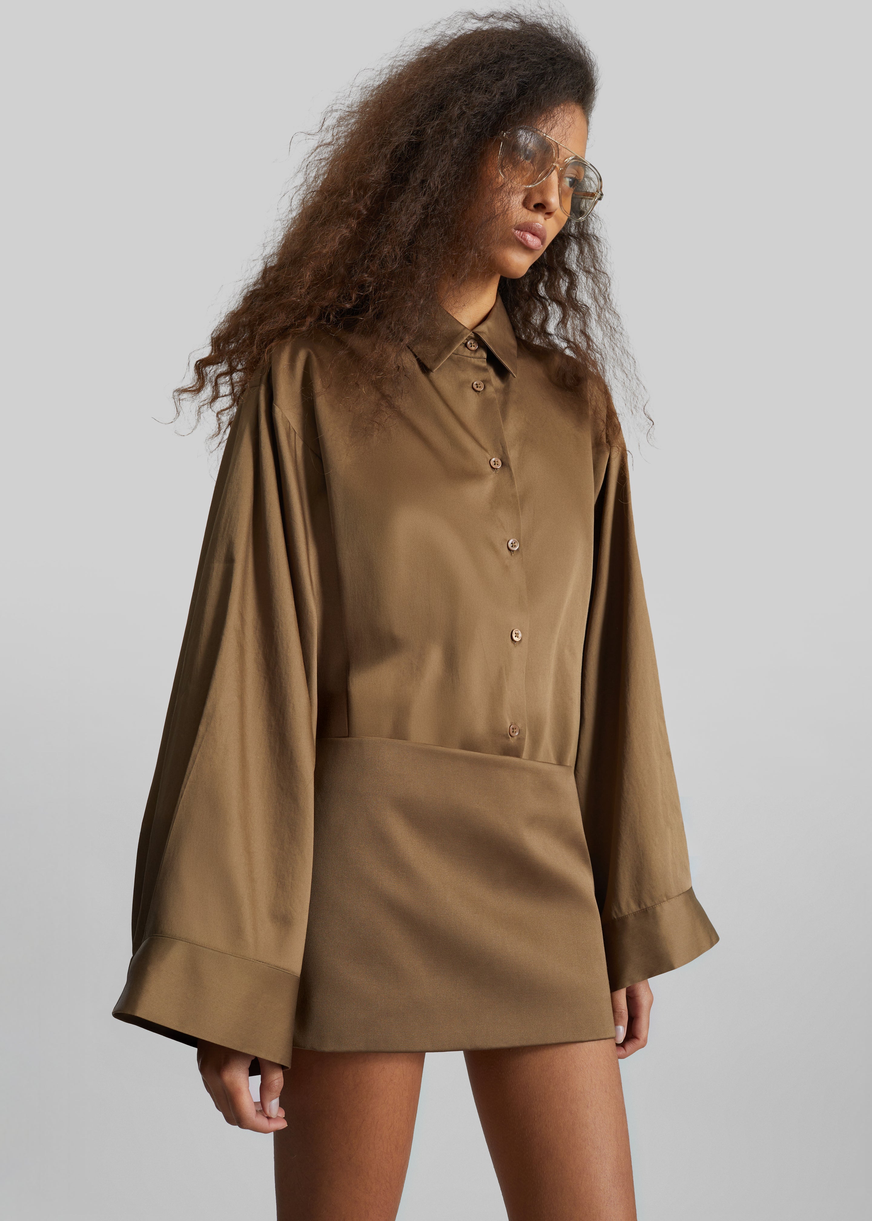 Tila Satin Wide Sleeve Shirt - Brown - 5