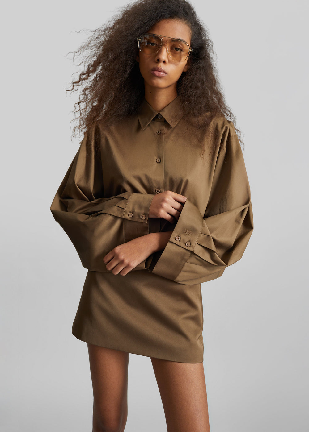 Tila Satin Wide Sleeve Shirt - Brown