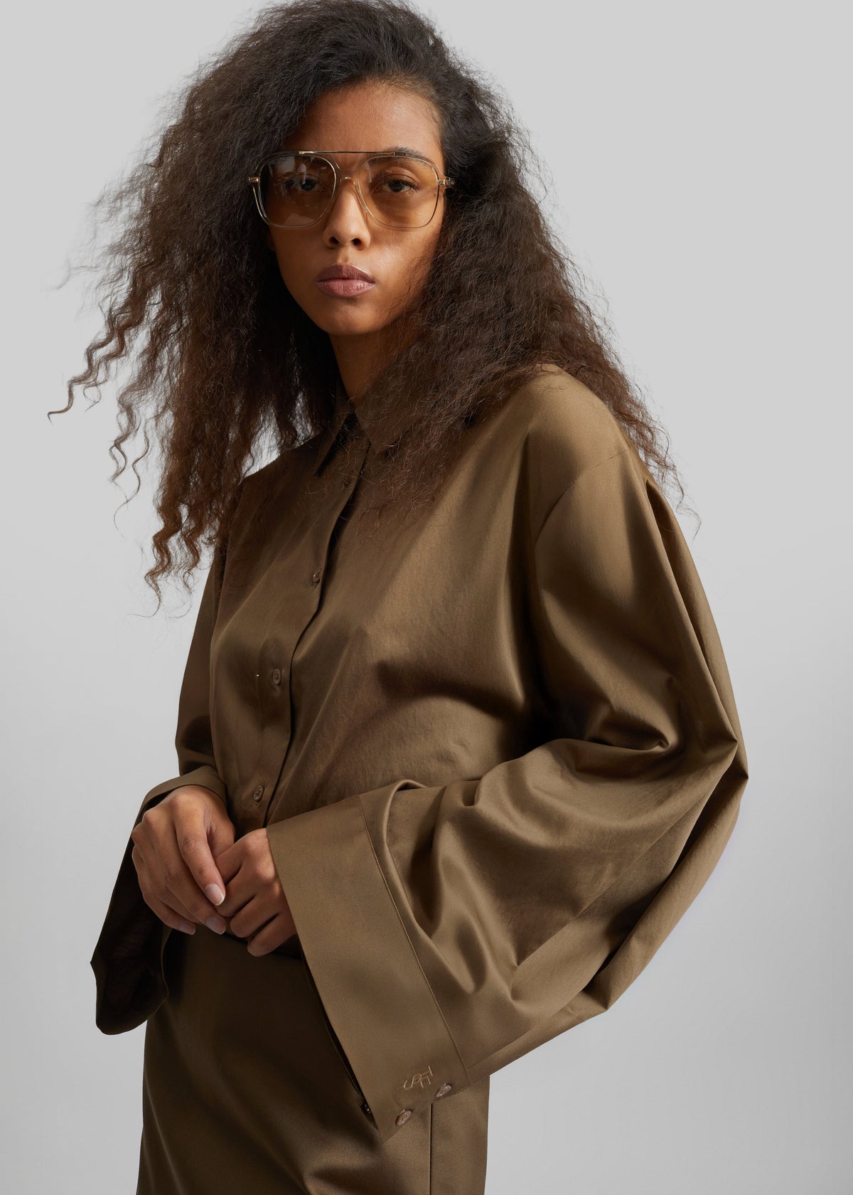 Tila Satin Wide Sleeve Shirt - Brown - 3
