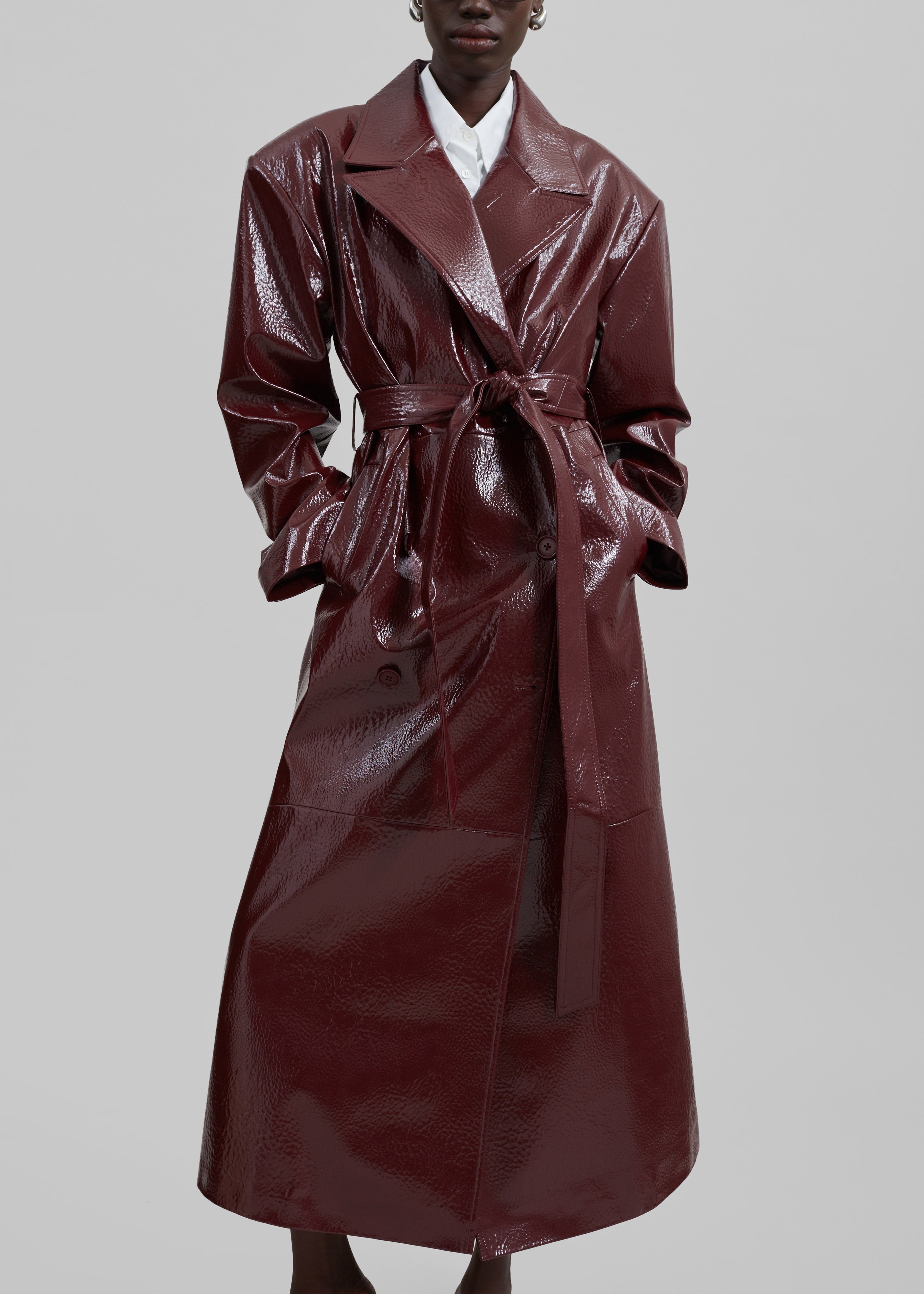 Tina Crackled Faux Leather Trench Coat - Burgundy - 8